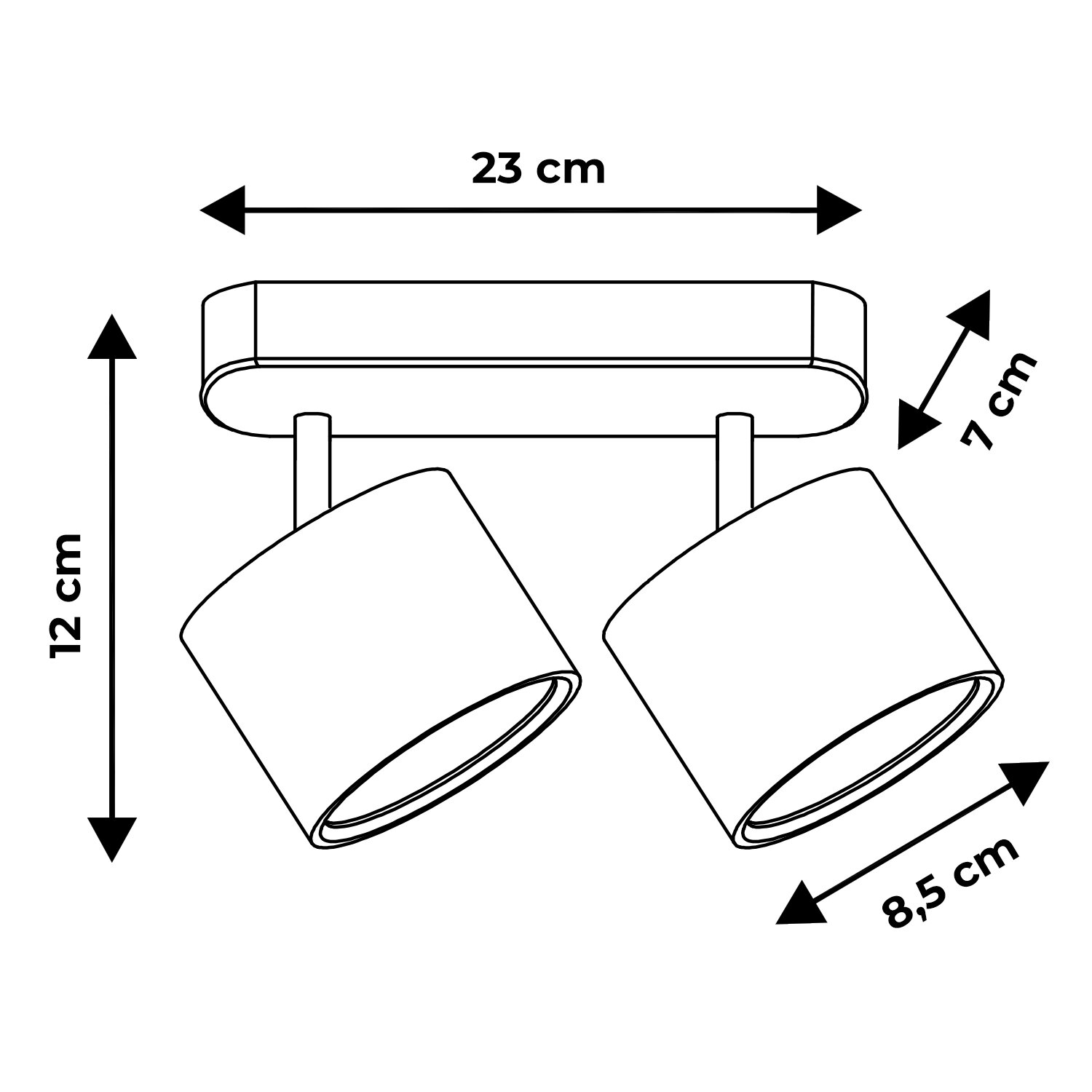 Schemat lampy punktowej LED z dwoma głowicami, z wymiarami: 23 cm szerokości, 12 cm wysokości, 8,5 cm głębokości głowicy i 7 cm wysokości głowicy. Lampa ma prostokątną podstawę i dwie cylindryczne głowice.