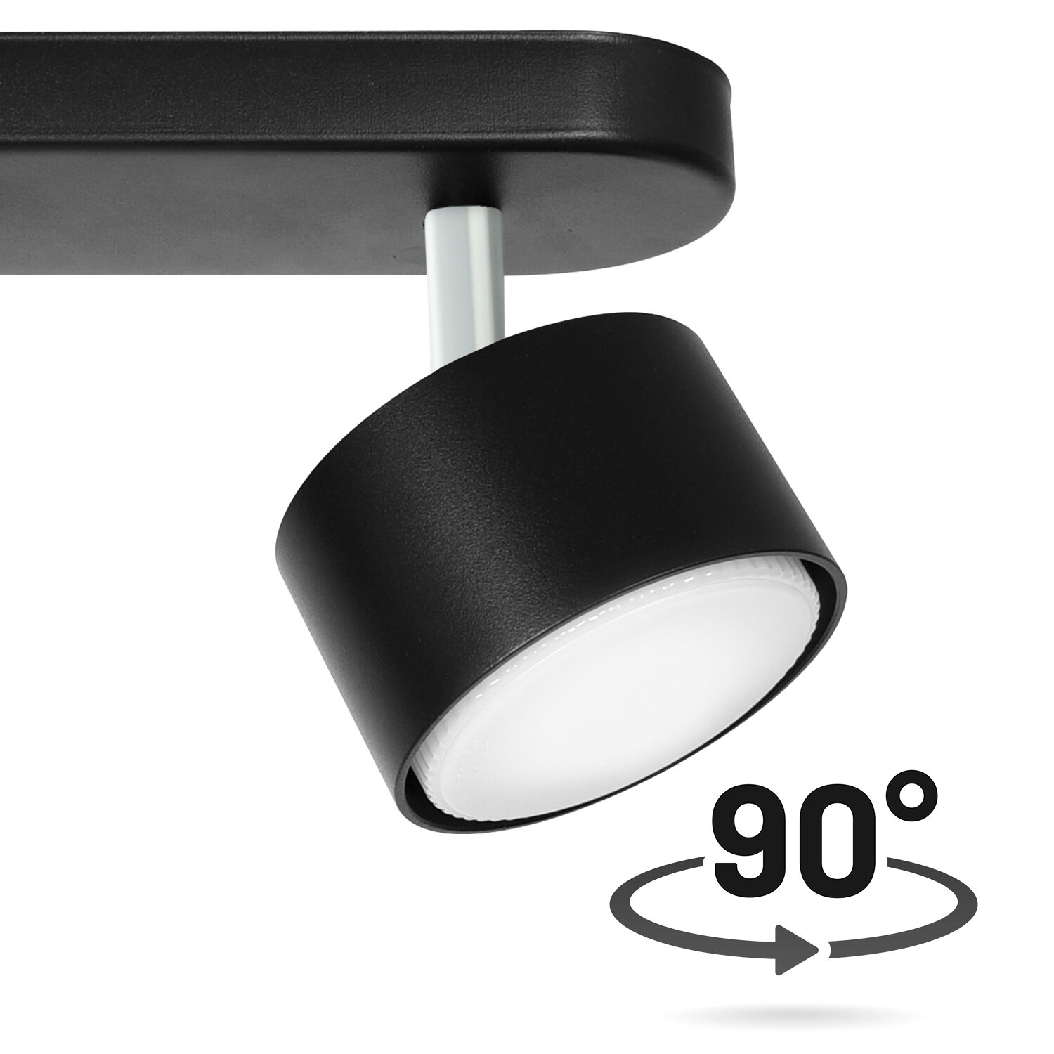 Czarna lampa punktowa LED z jedną widoczną głowicą, zamontowana na prostokątnej podstawie. Obok lampy znajduje się symbol z napisem \'90°\' i strzałką wskazującą możliwość obrotu.