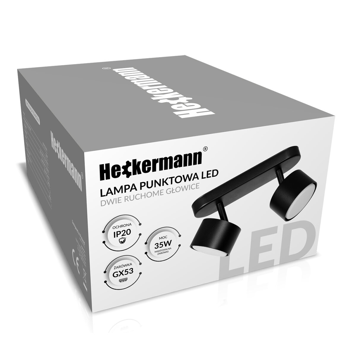 Opakowanie lampy punktowej LED marki Heckermann z dwiema ruchomymi głowicami. Na opakowaniu widoczne są informacje: ochrona IP20, moc 35W, żarówka GX53.