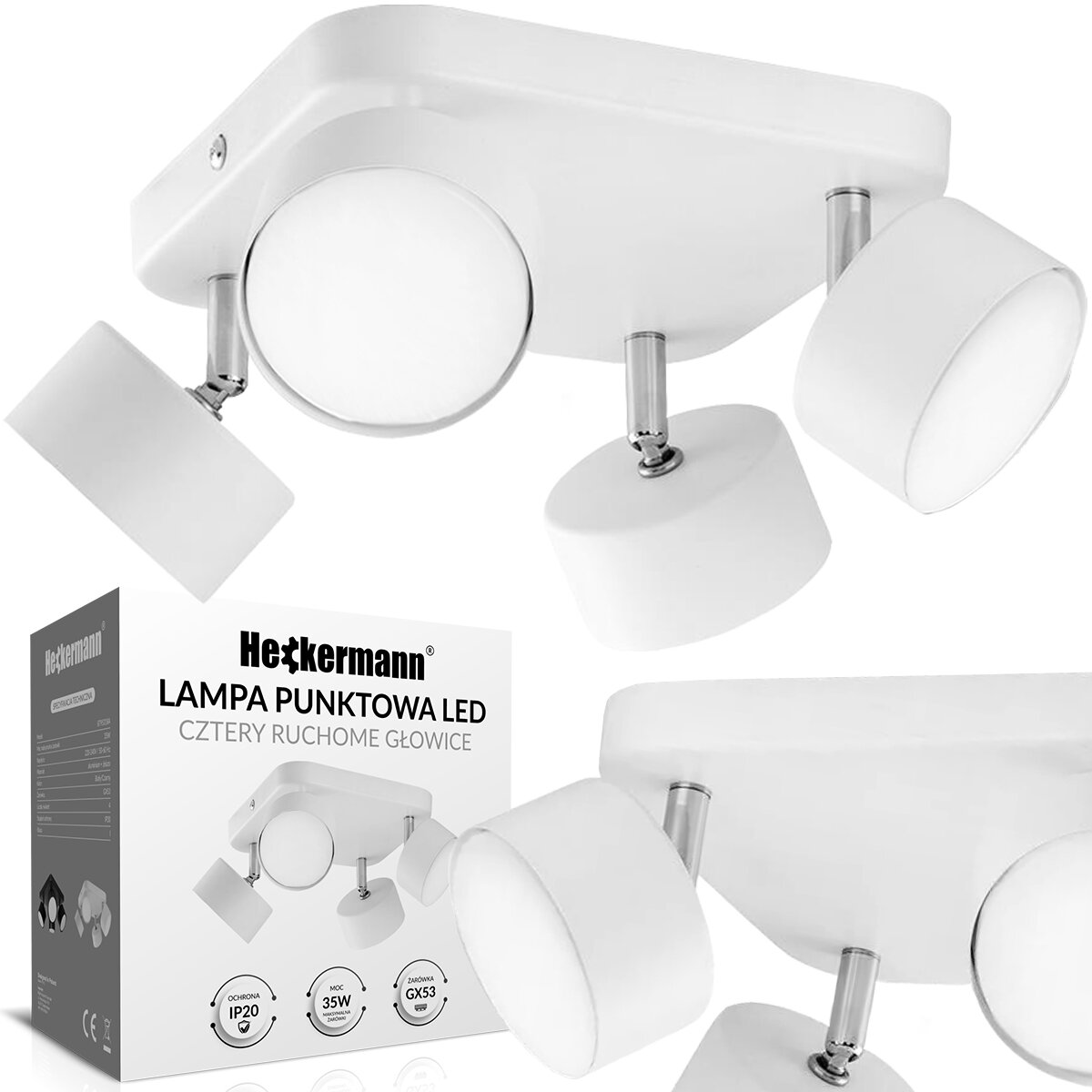 Biała lampa punktowa LED z czterema ruchomymi głowicami, zamontowana na prostokątnej podstawie. Obok znajduje się pudełko z napisem \'Heckermann LAMPA PUNKTOWA LED CZTERY RUCHOME GŁOWICE\'.