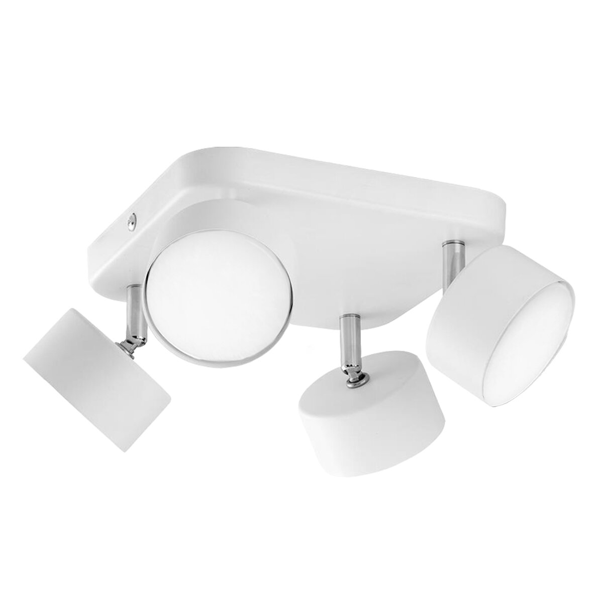 Biała lampa punktowa LED z czterema regulowanymi głowicami zamontowanymi na prostokątnej podstawie. Każda głowica ma cylindryczny kształt i jest przymocowana do podstawy za pomocą metalowego uchwytu.
