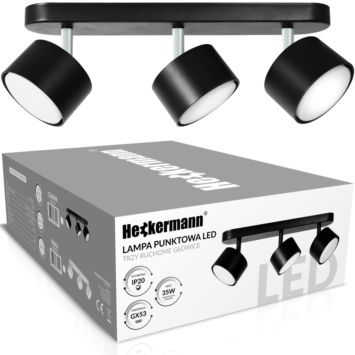Obraz przedstawia czarną lampę punktową LED z trzema ruchomymi głowicami oraz jej opakowanie. Na opakowaniu widnieje tekst: \'Heckermann LAMPA PUNKTOWA LED TRZY RUCHOME GŁOWICE\', a także informacje o ochronie IP20, mocy 35W i żarówce GX53.