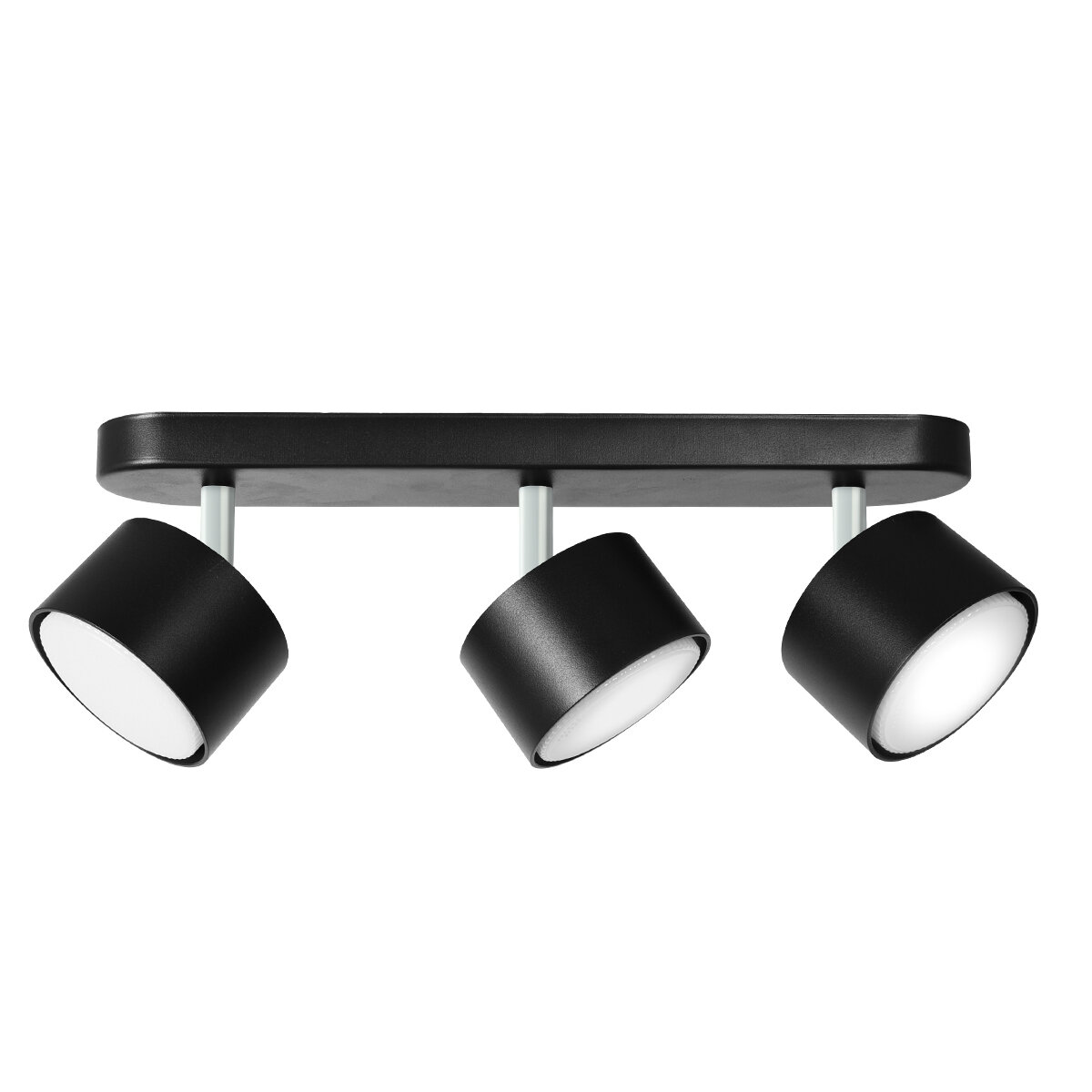 Czarna lampa punktowa LED z trzema regulowanymi głowicami zamontowanymi na prostokątnej podstawie. Każda głowica ma cylindryczny kształt i jest skierowana w inną stronę.