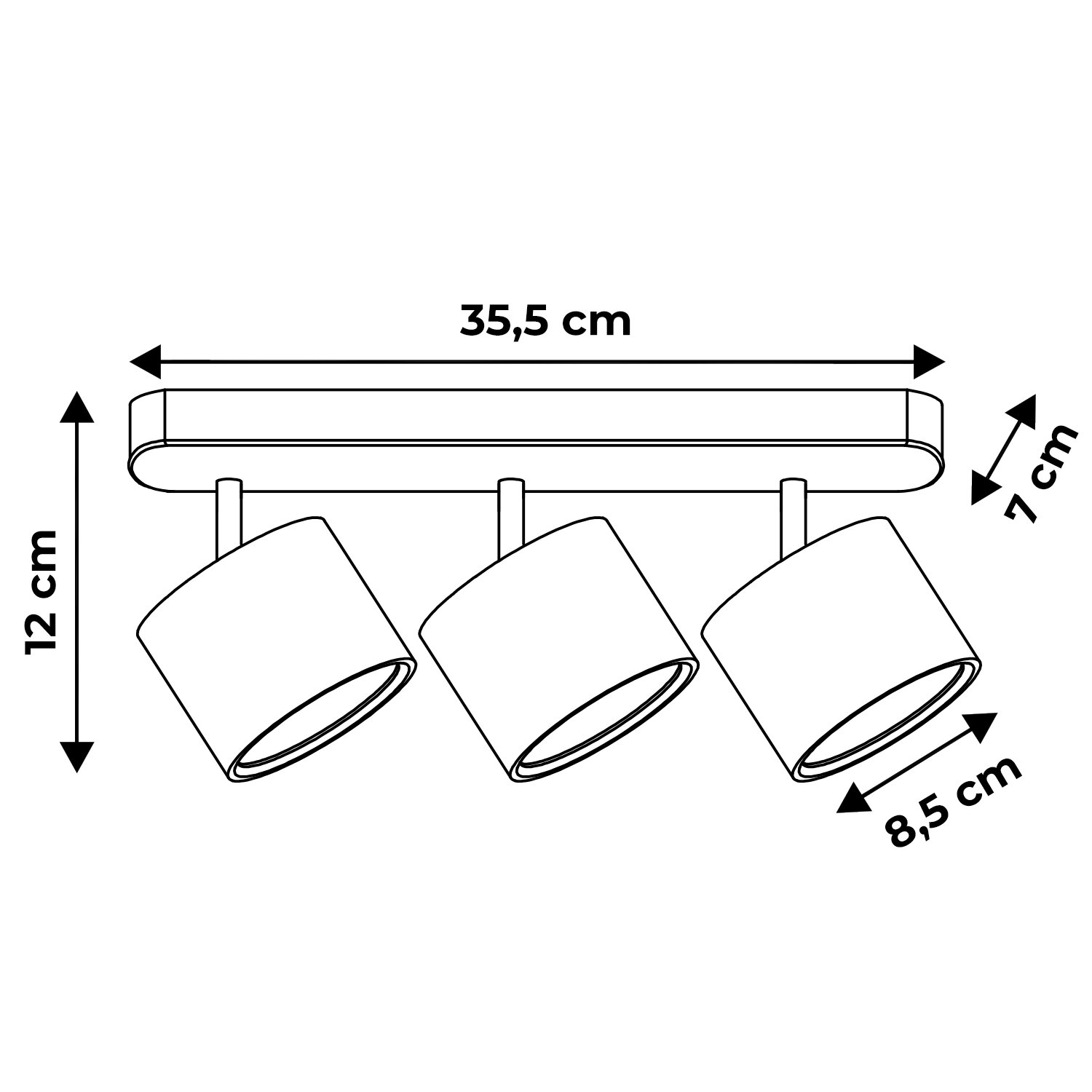 Schematyczny rysunek lampy punktowej z trzema głowicami, z wymiarami: 35,5 cm szerokości, 12 cm wysokości, 8,5 cm średnicy głowicy i 7 cm głębokości. Głowice są zamontowane na prostokątnej podstawie.