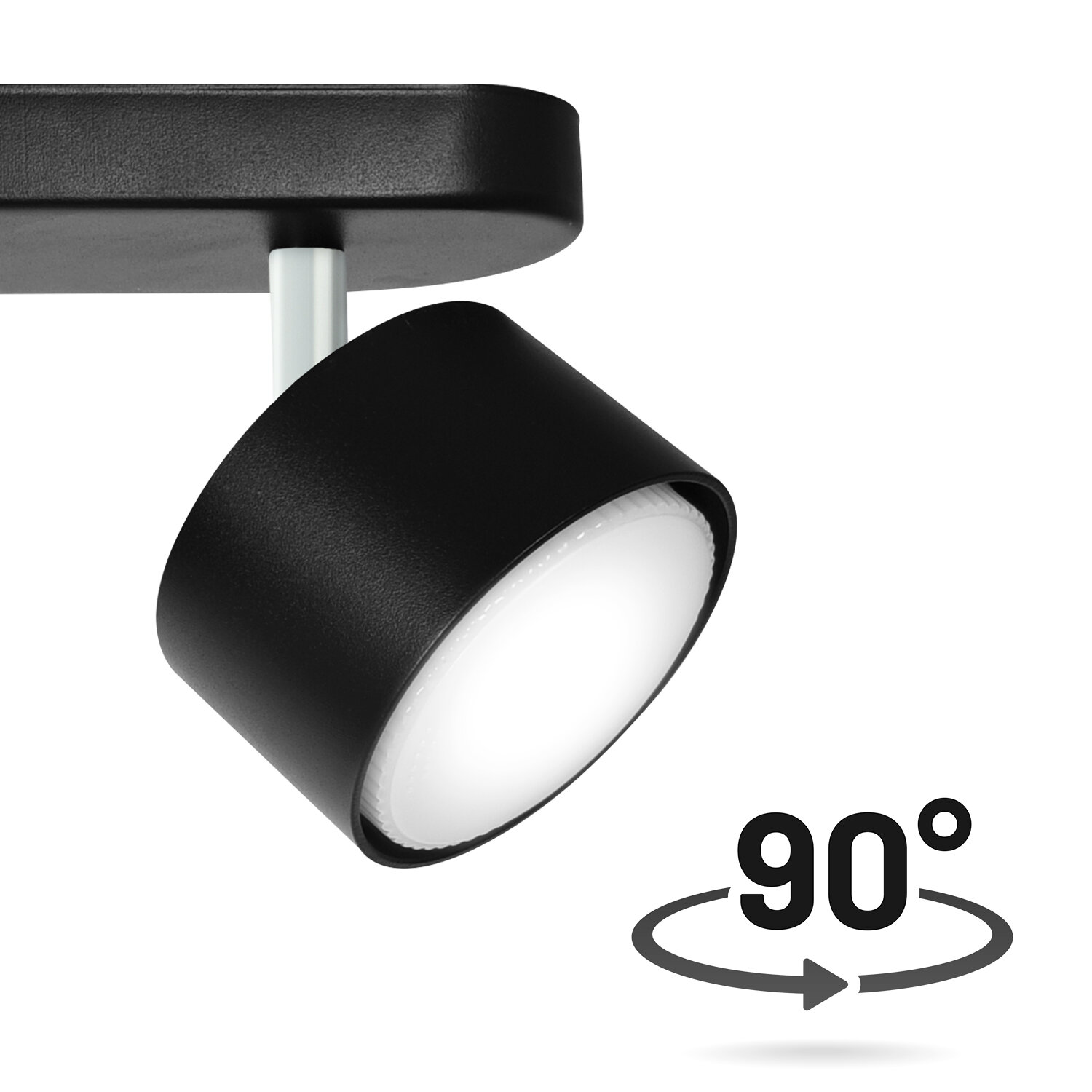 Czarna lampa punktowa z jedną głowicą, zamontowana na białym wsporniku. Obok widoczna jest ikona z napisem \'90°\' i strzałką wskazującą możliwość obrotu.