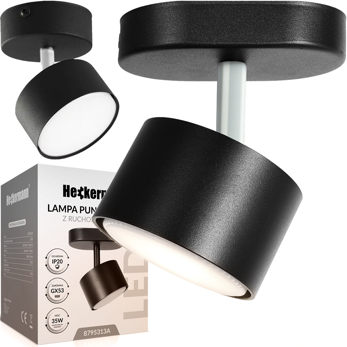 Czarna lampa punktowa LED z jedną głowicą, zamontowana na krótkim ramieniu. Obok znajduje się pudełko z napisem \'Heckermann LAMPA PUNKTOWA Z RUCHOMĄ GŁOWICĄ\', oraz informacjami: \'Ochrona IP20\', \'Zamocowanie GX53\', \'Moc 35W\', \'8795313A\'.