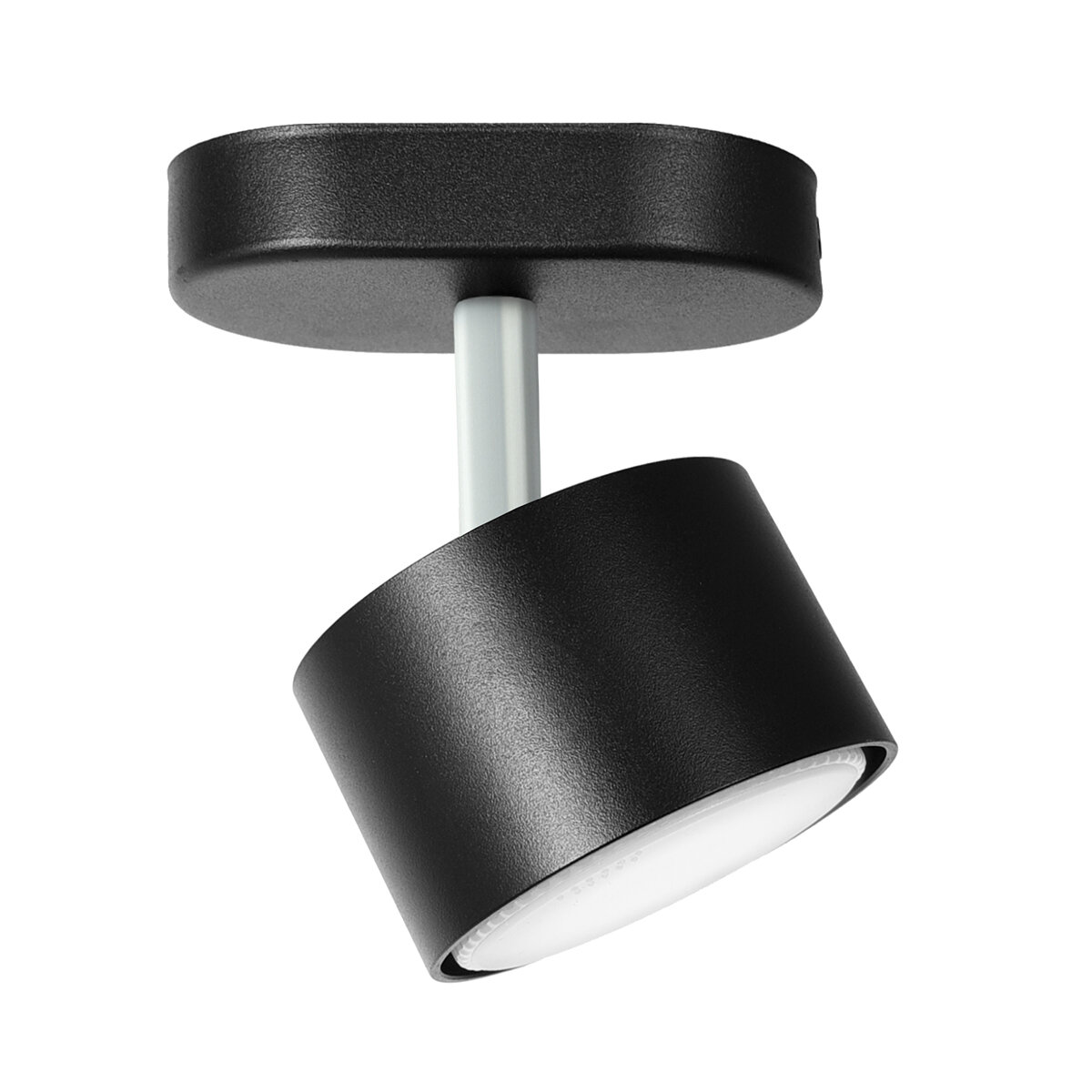 Czarna lampa punktowa LED z jedną głowicą, zamontowana na krótkim ramieniu. Ma prosty, nowoczesny design z cylindrycznym kloszem.