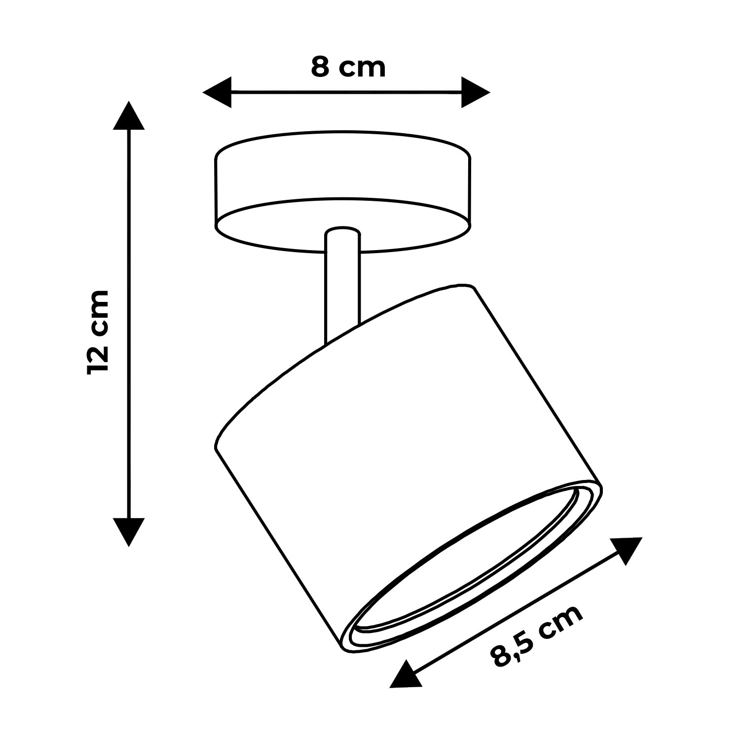 Schematyczny rysunek lampy punktowej z jedną głowicą, z wymiarami: 12 cm wysokości, 8 cm szerokości i 8,5 cm głębokości. Lampa ma cylindryczny kształt z prostym mocowaniem sufitowym.