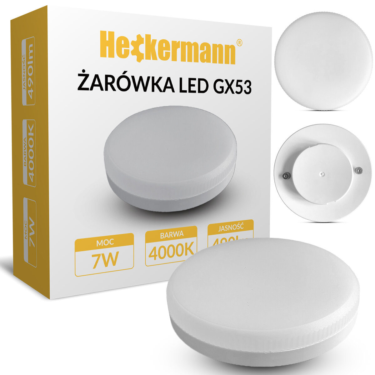 Opakowanie żarówki LED GX53 marki Heckermann z widocznymi parametrami: moc 7W, barwa 4000K, jasność 490lm. Obok opakowania znajduje się żarówka w kształcie dysku oraz jej widok z tyłu.