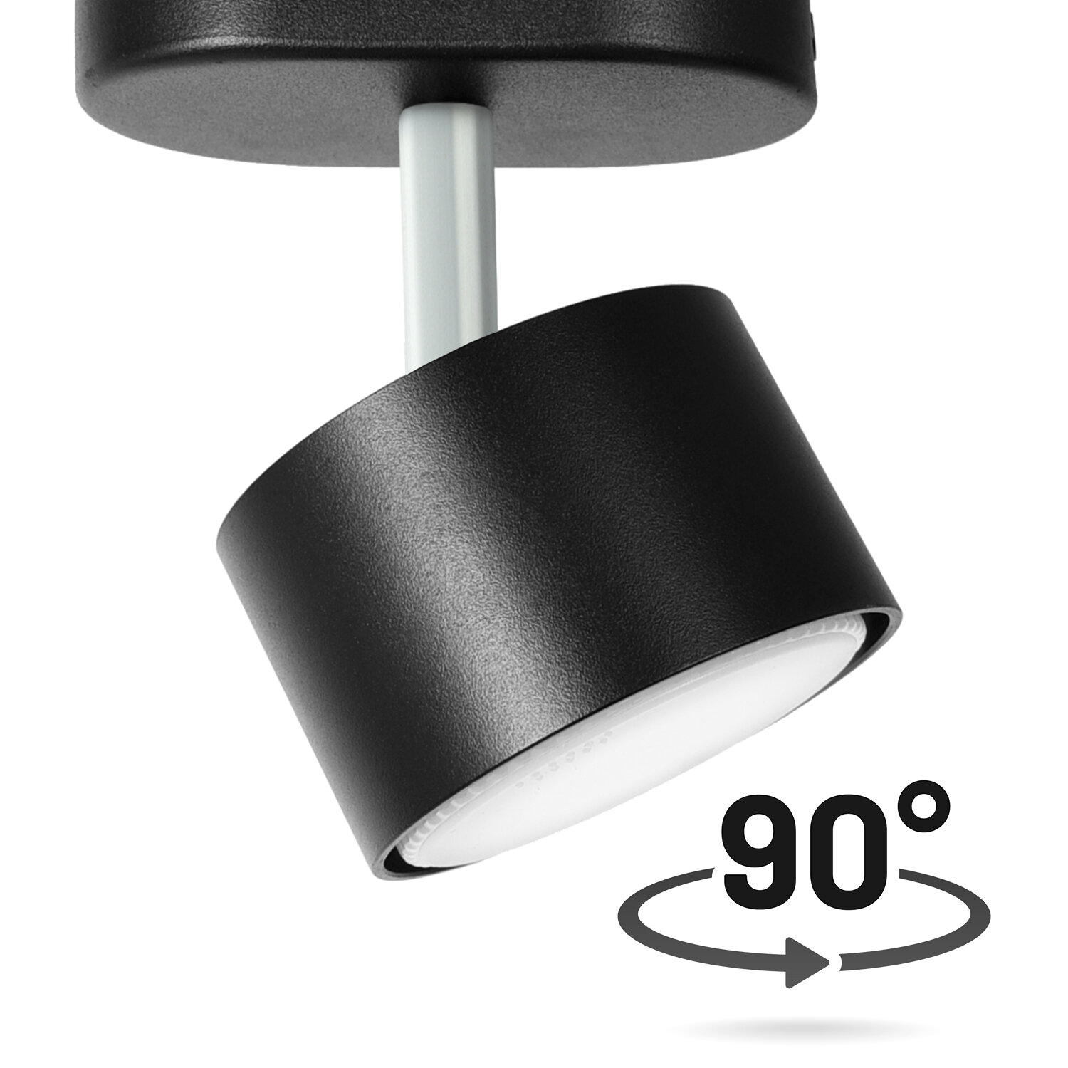 Czarna lampa punktowa LED z jedną głowicą, zamontowana na białym wsporniku. Obok lampy znajduje się symbol obrotu o 90 stopni.