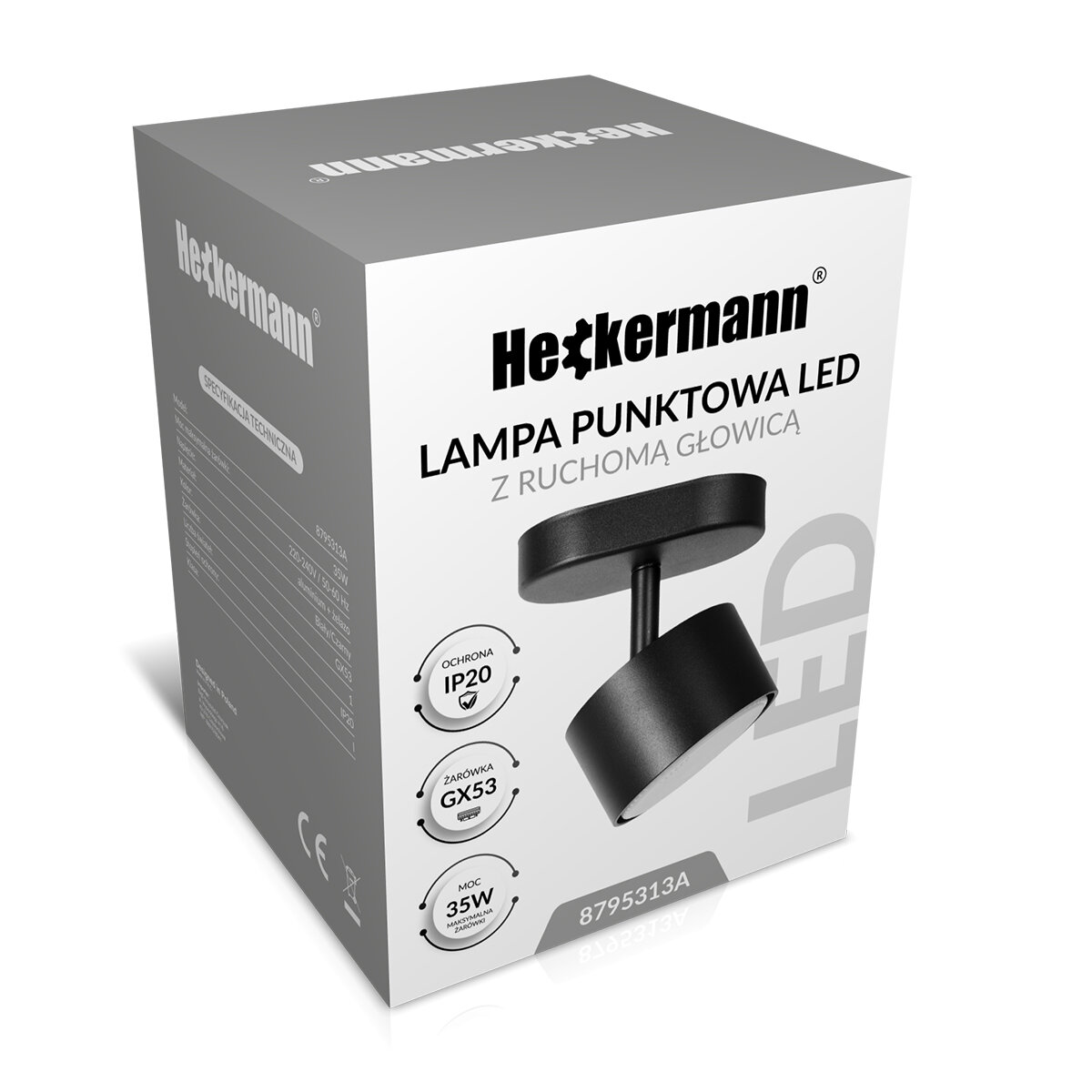 Opakowanie lampy punktowej LED Heckermann z ruchomą głowicą, w kolorze czarnym. Widoczne informacje to: ochrona IP20, żarówka GX53, moc 35W, numer 8795313A.