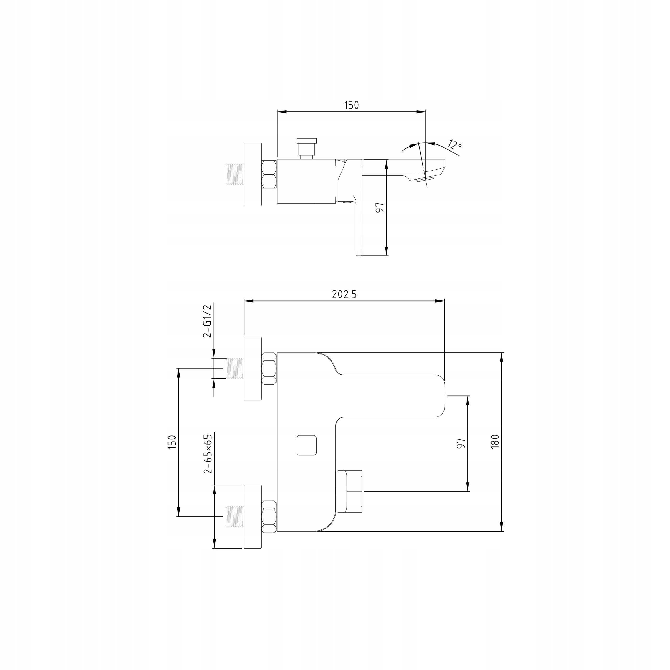 Schemat techniczny baterii wannowo-prysznicowej z wymiarami: 150 mm, 202.5 mm, 97 mm, 180 mm. Widoczne są oznaczenia gwintów 2-G1/2 oraz kąt 7°.