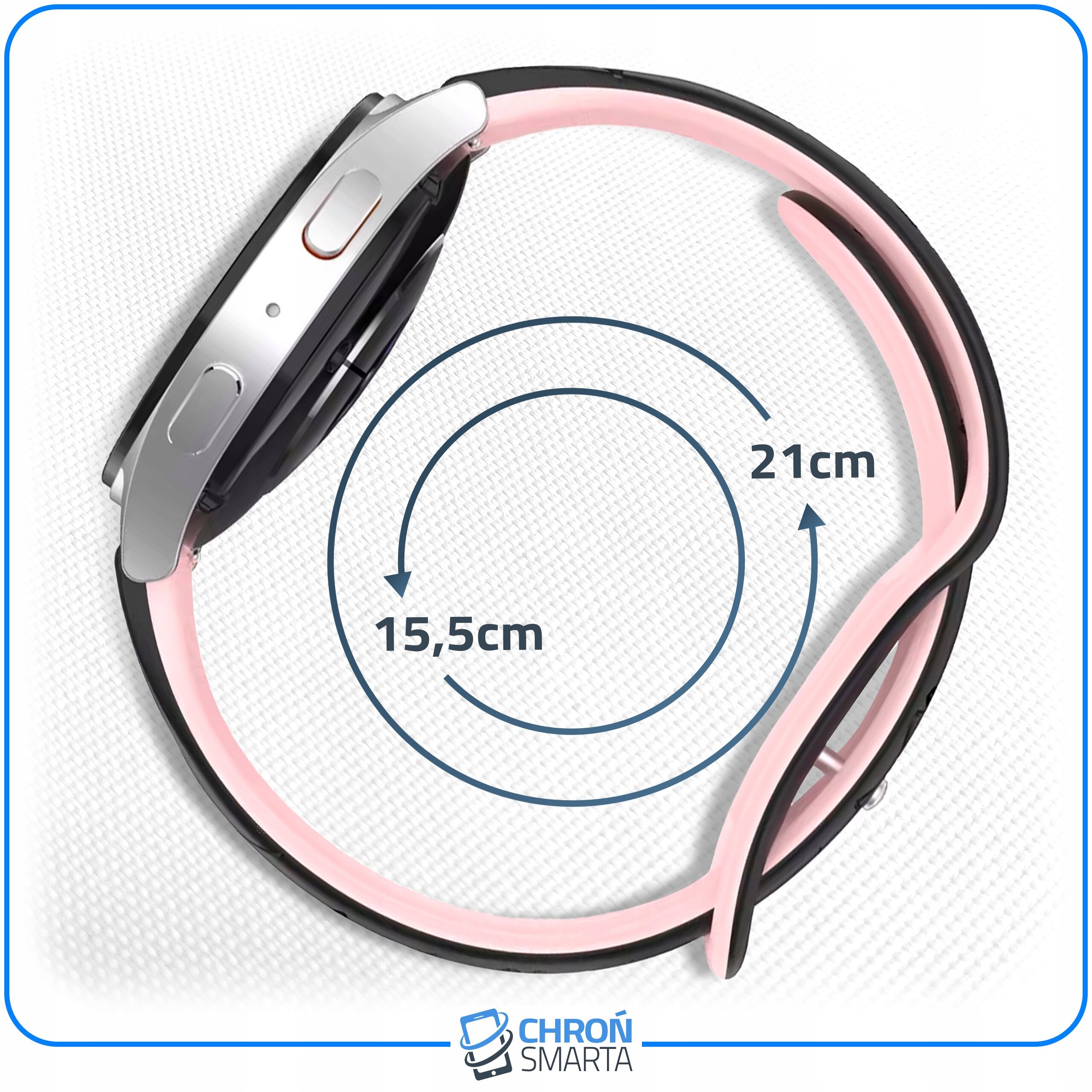 Obraz przedstawia pasek do smartwatcha z różowym wnętrzem i czarną zewnętrzną stroną, z zegarkiem w kolorze srebrnym. Na obrazie widoczne są wymiary 15,5 cm i 21 cm oraz logo \'CHROŃ SMARTA\'.