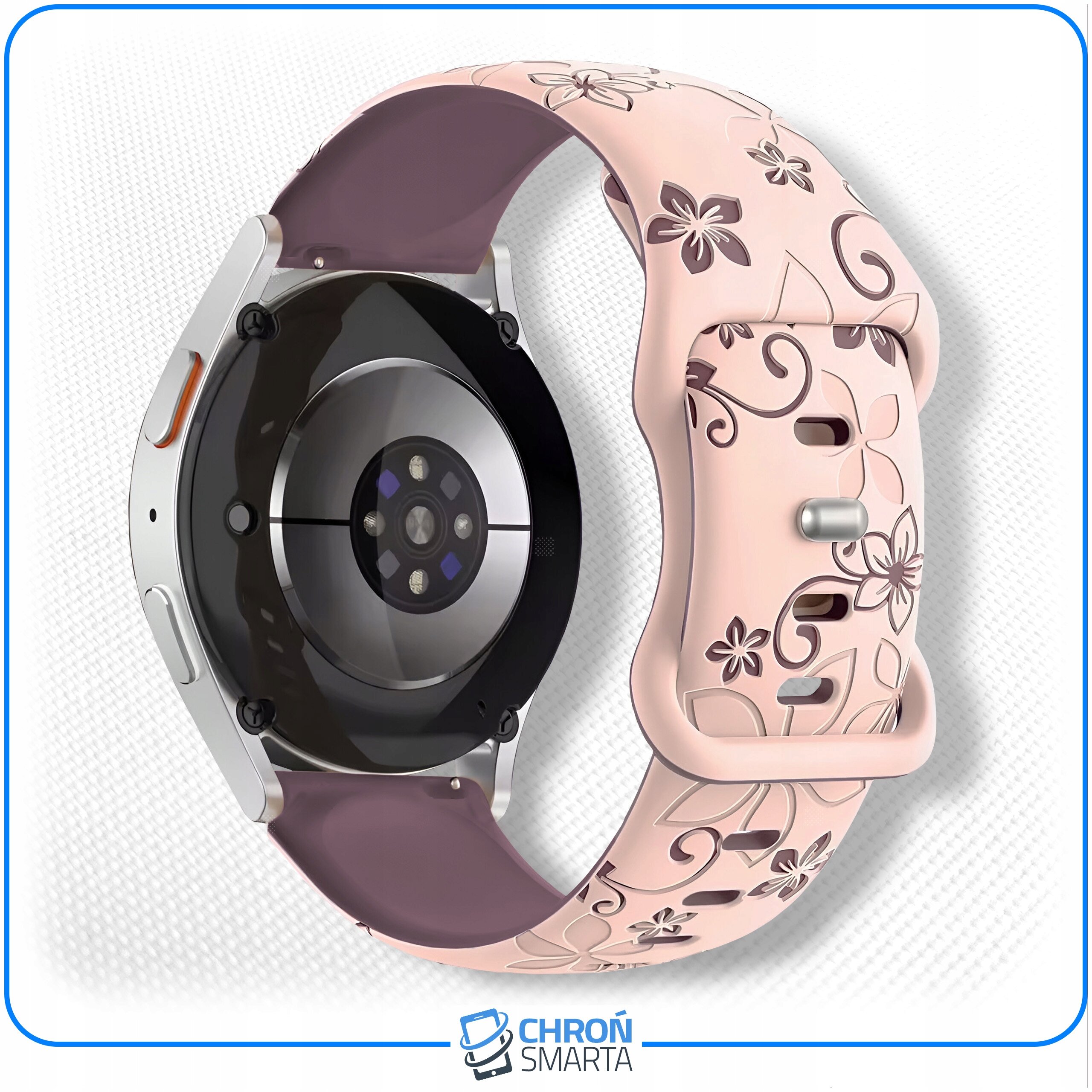 Smartwatch z różowym paskiem ozdobionym kwiatowym wzorem. Na dole widoczne jest logo \'CHROŃ SMARTA\'.