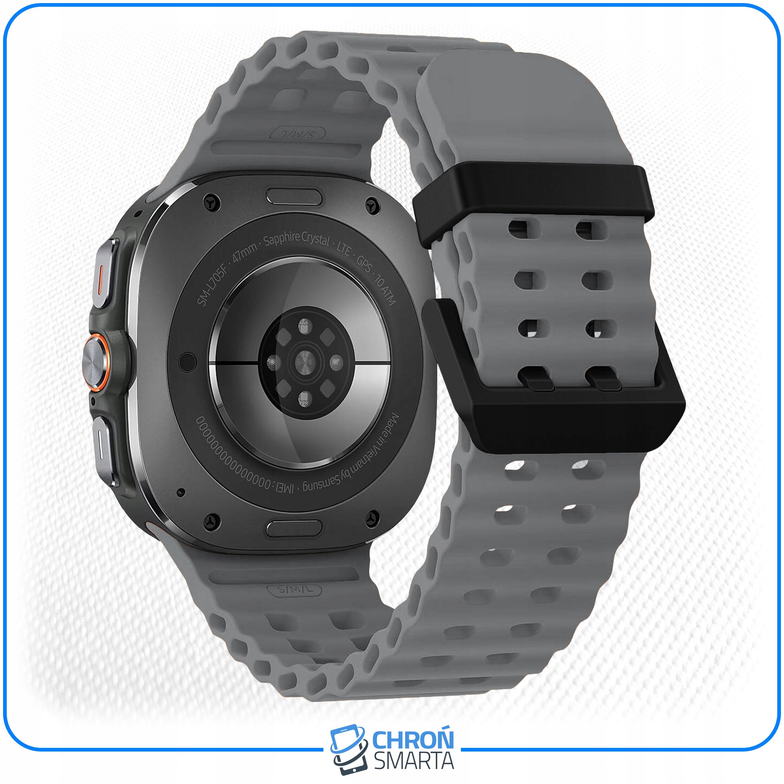 Obraz przedstawia smartwatch z szarym, perforowanym paskiem. Na dole widoczne jest logo \'CHROŃ SMARTA\'.