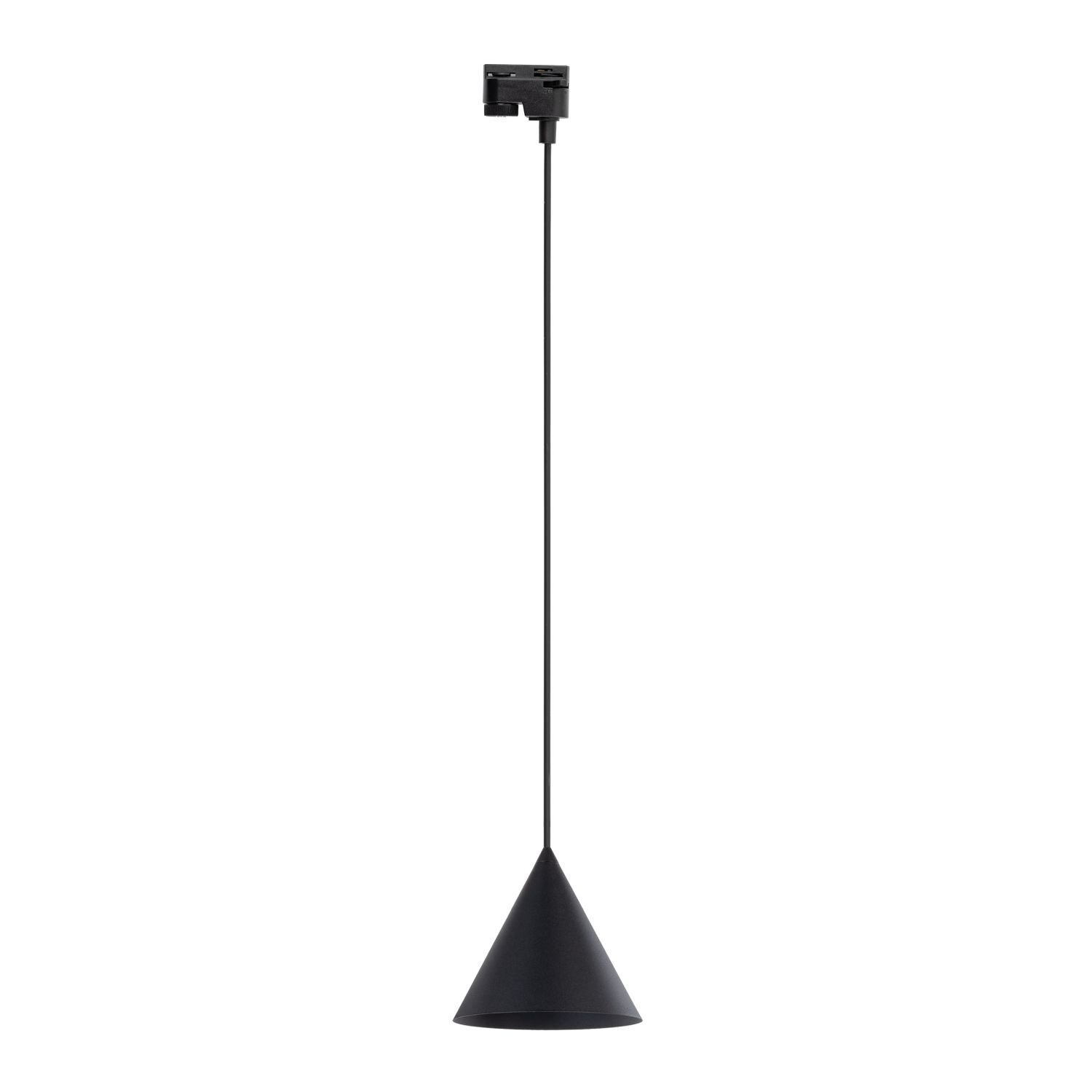 Czarna lampa wisząca o stożkowym kształcie, zawieszona na cienkim przewodzie. Lampa jest przymocowana do szyny montażowej na suficie.