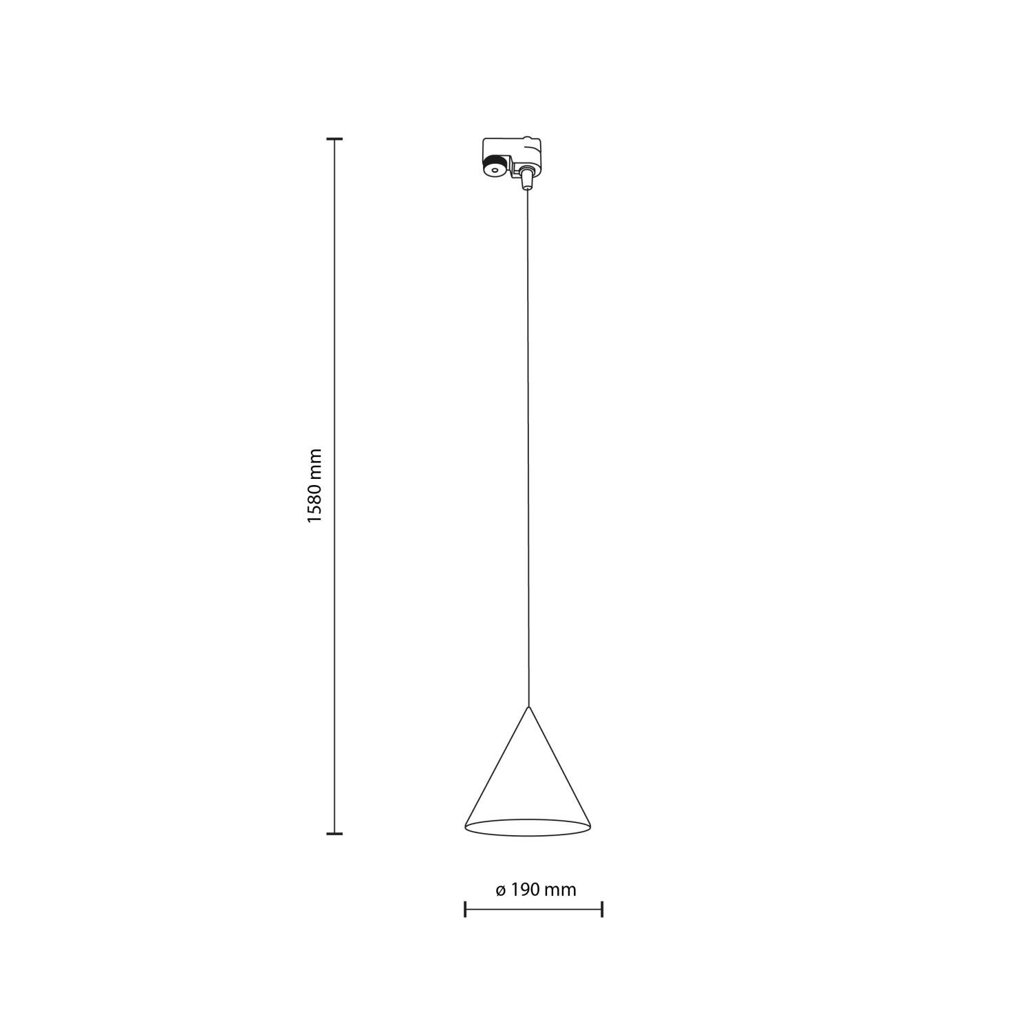 Schematyczny rysunek lampy wiszącej z oznaczeniem wysokości 1580 mm i średnicy 190 mm. Lampa ma kształt stożka zawieszonego na cienkim przewodzie.
