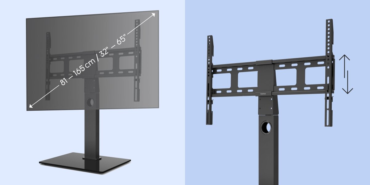 Obraz przedstawia stojak podłogowy do telewizora z możliwością regulacji wysokości, przeznaczony dla ekranów o przekątnej od 32 do 65 cali. Na stojaku widoczny jest tekst: \'81-165 cm / 32-65\'.