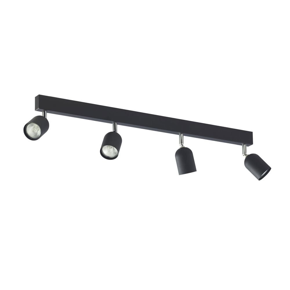 Czarna lampa sufitowa z czterema regulowanymi reflektorami w chromowanych oprawach. Reflektory są zamontowane na prostokątnej listwie.