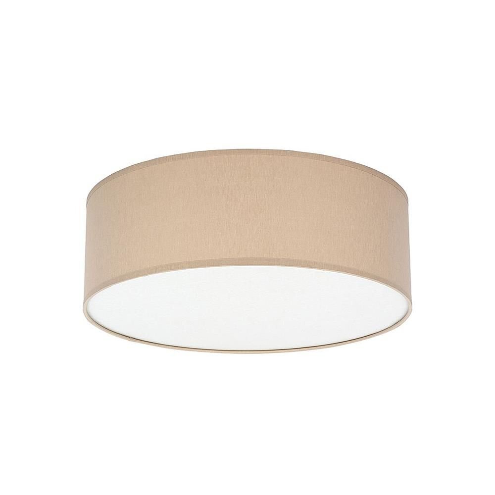 Lampa sufitowa plafon o cylindrycznym kształcie, z beżowym abażurem i białym spodem. Produkt przeznaczony do montażu w salonie lub sypialni.