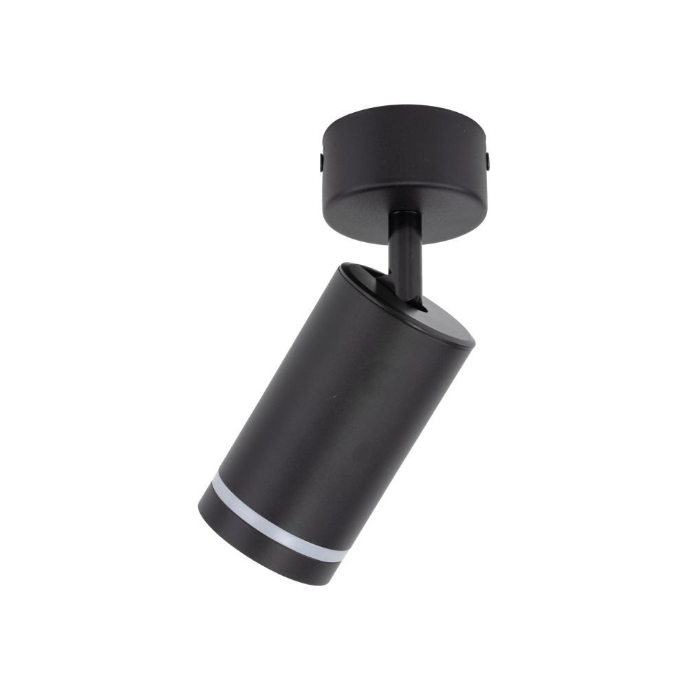 Czarny metalowy reflektor sufitowy z cylindrycznym kloszem i możliwością regulacji kierunku światła. Produkt ma prosty, nowoczesny design.