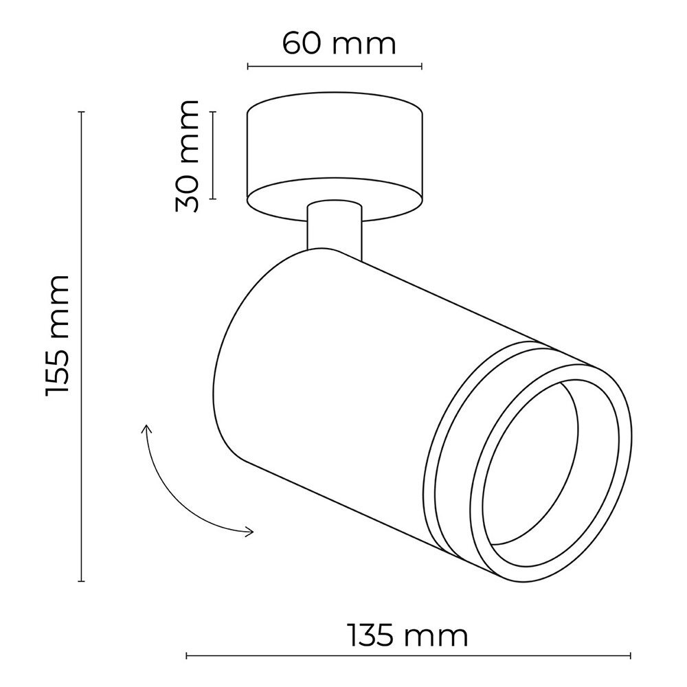 Schematyczny rysunek reflektora sufitowego z wymiarami: 60 mm, 30 mm, 155 mm, 135 mm. Strzałka wskazuje możliwość regulacji kierunku światła.