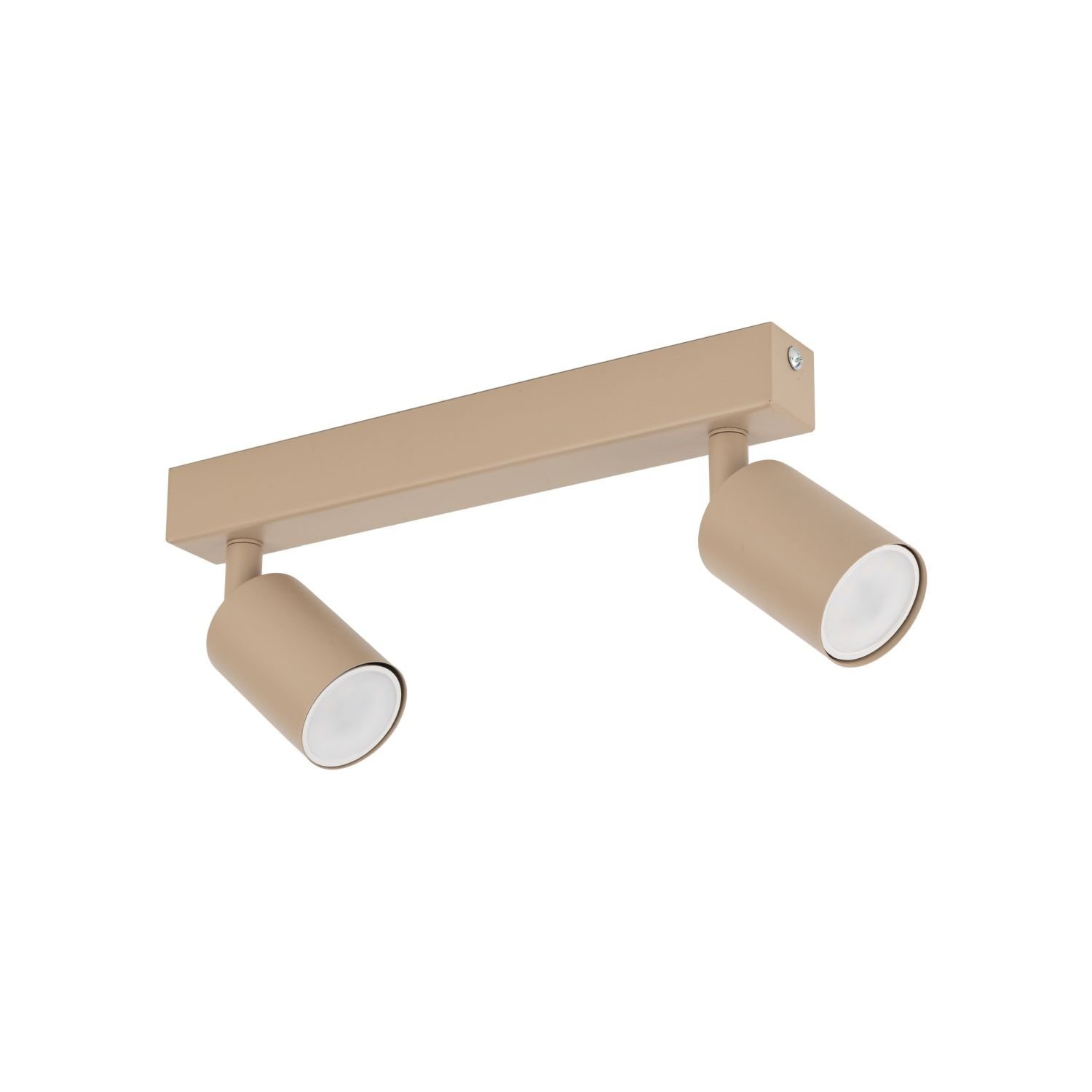Beżowy reflektor sufitowy z dwoma regulowanymi spotami, wykonany z metalu. Produkt ma nowoczesny design i jest przeznaczony do montażu na suficie.