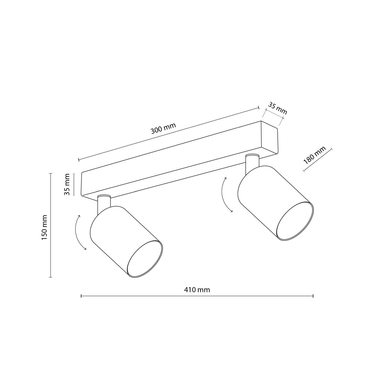 Schematyczny rysunek reflektora sufitowego z dwoma regulowanymi spotami. Wymiary: 410 mm długości, 300 mm szerokości, 35 mm wysokości, 150 mm i 180 mm dla poszczególnych elementów.