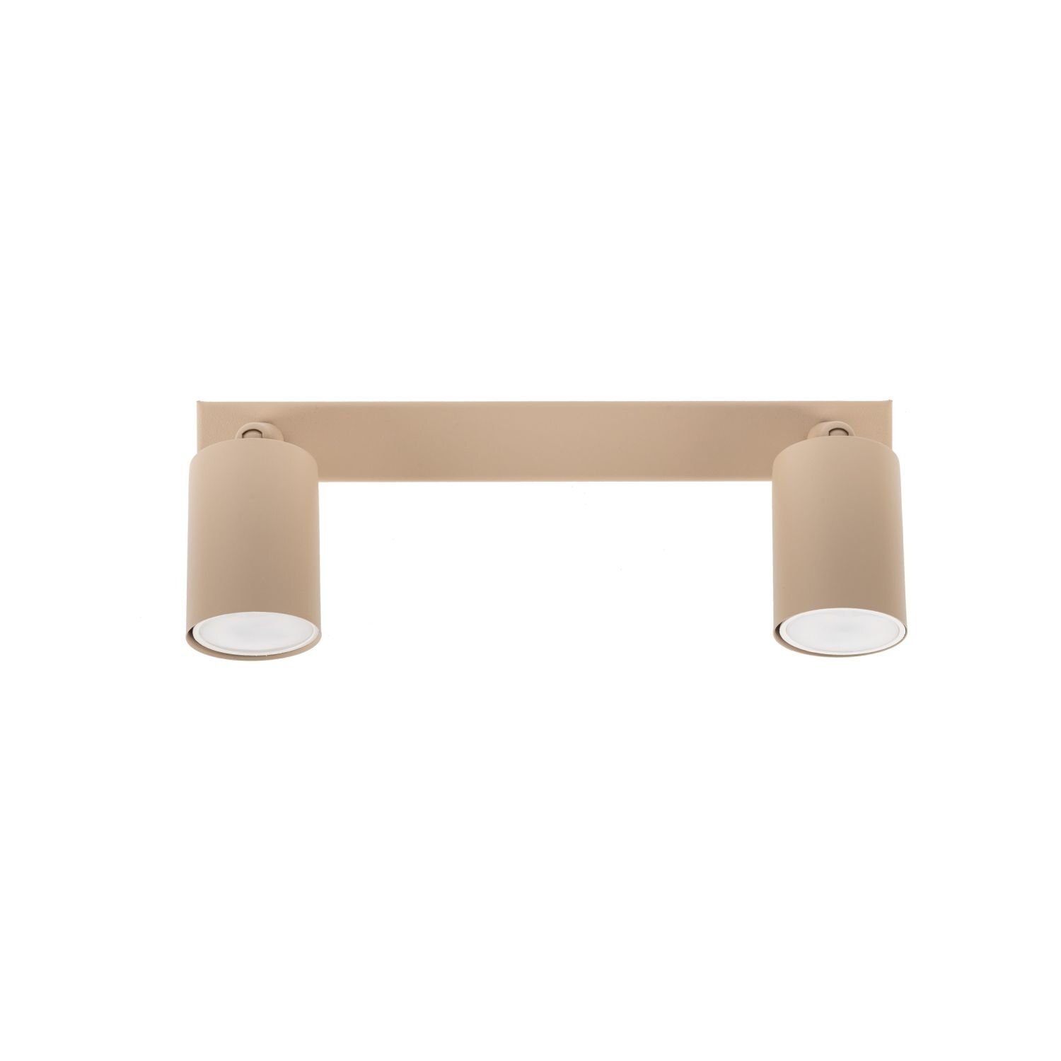 Beżowy reflektor sufitowy z dwoma regulowanymi spotami, wykonany z metalu. Produkt ma nowoczesny design i jest przeznaczony do montażu na suficie.