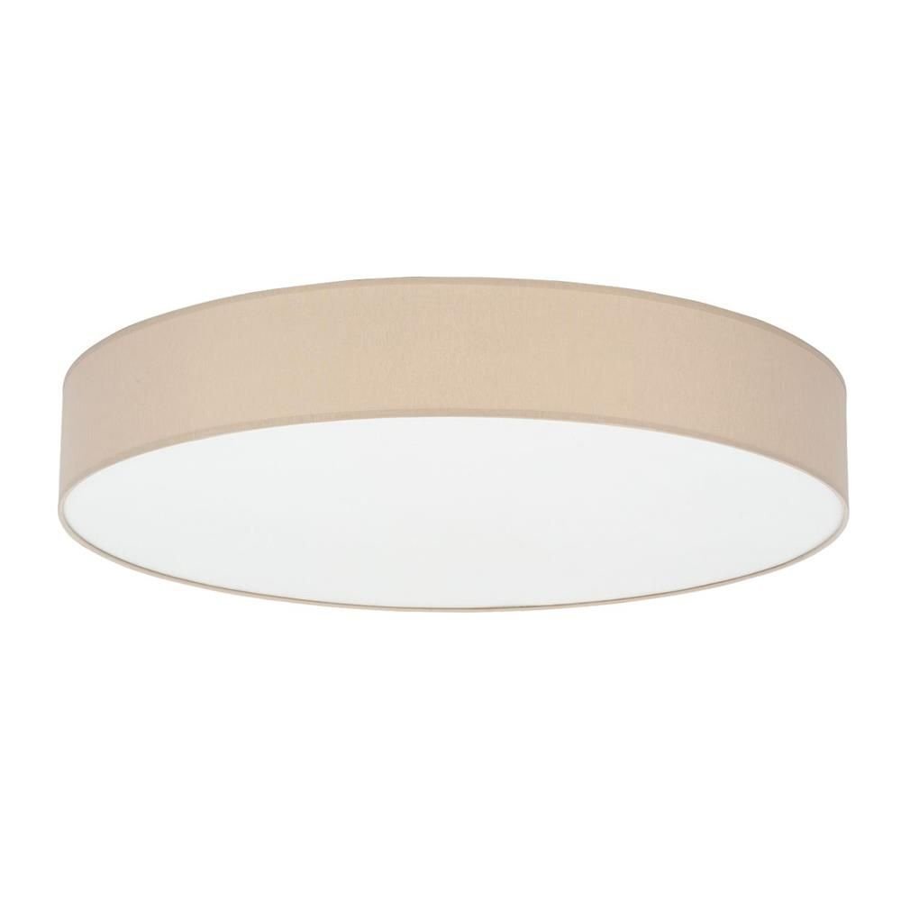 Okrągły plafon sufitowy w kolorze biało-beżowym. Lampa ma prosty, elegancki design.