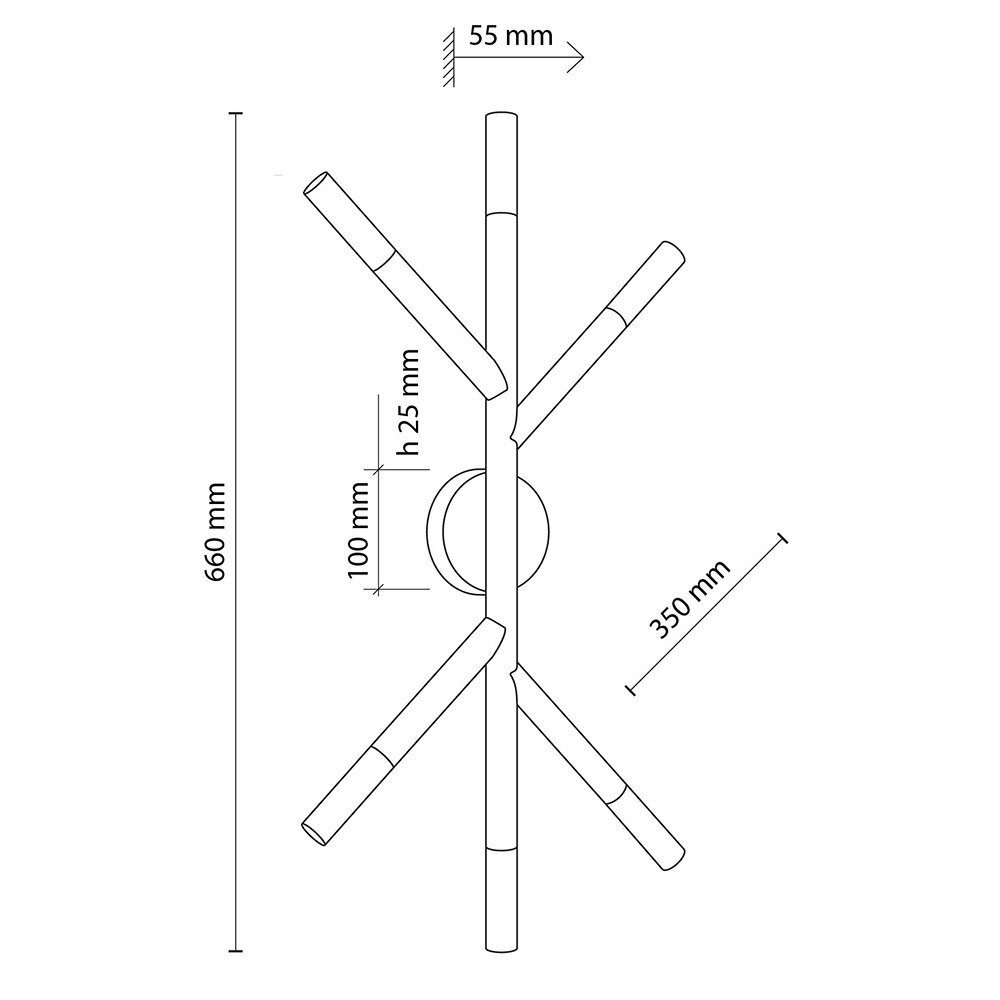 Schematyczny rysunek lampy ścienno-sufitowej z sześcioma ramionami, z wymiarami: 660 mm wysokości, 350 mm szerokości, 55 mm odległości od ściany oraz 100 mm średnicy podstawy. Widoczne są oznaczenia wymiarów i kształtów elementów lampy.
