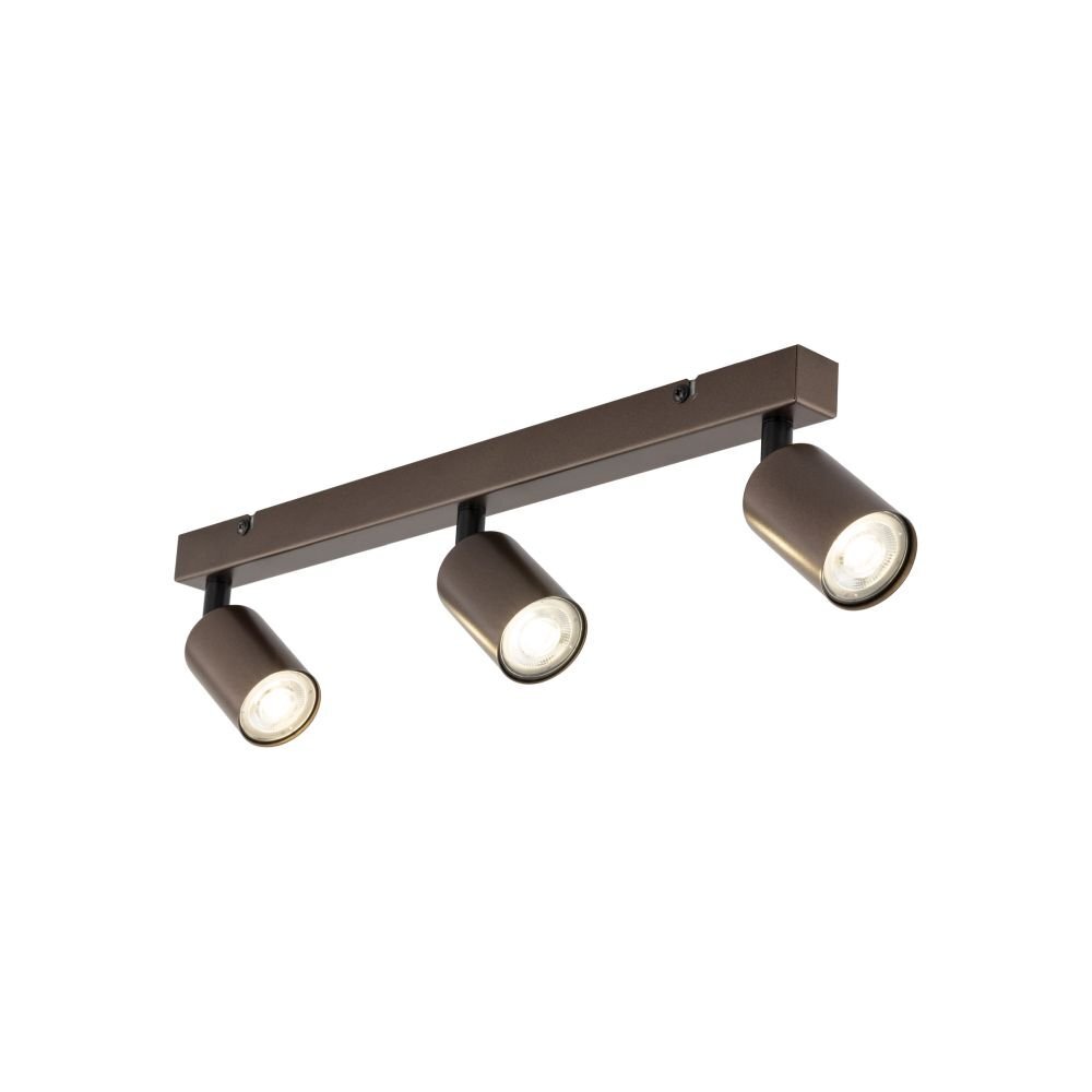Brązowa lampa sufitowa z trzema regulowanymi reflektorami LED zamontowanymi na prostokątnej listwie. Reflektory mają cylindryczny kształt i są skierowane w różnych kierunkach.