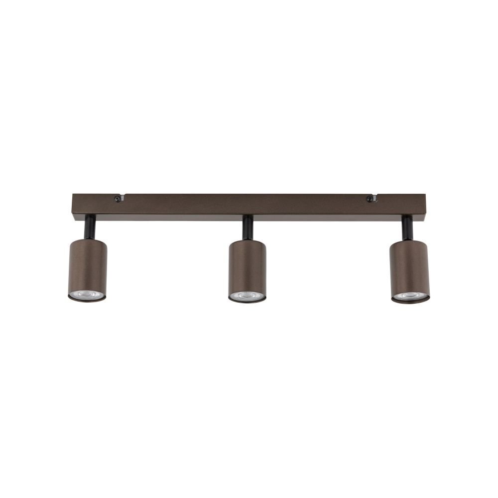 Brązowa lampa sufitowa z trzema cylindrycznymi reflektorami zamontowanymi na prostokątnej listwie. Reflektory są regulowane i wykonane z metalu.