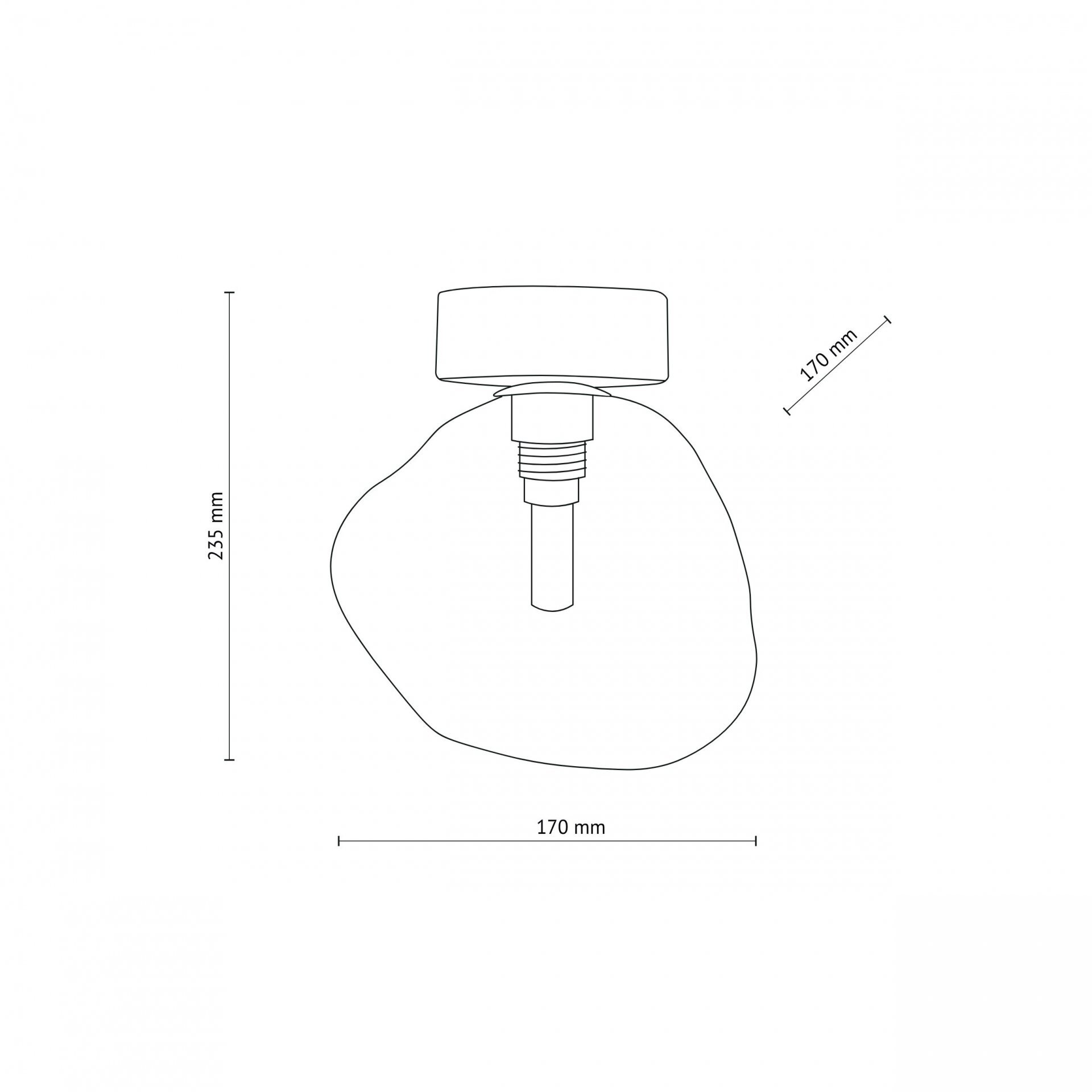 Schematyczny rysunek lampy sufitowej z wymiarami: wysokość 235 mm i szerokość 170 mm. Lampa ma prosty, geometryczny kształt z elementem przypominającym klosz.