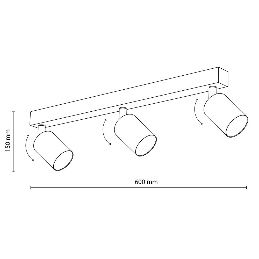 Schemat lampy sufitowej z trzema regulowanymi reflektorami. Wymiary: wysokość 150 mm, długość 600 mm.