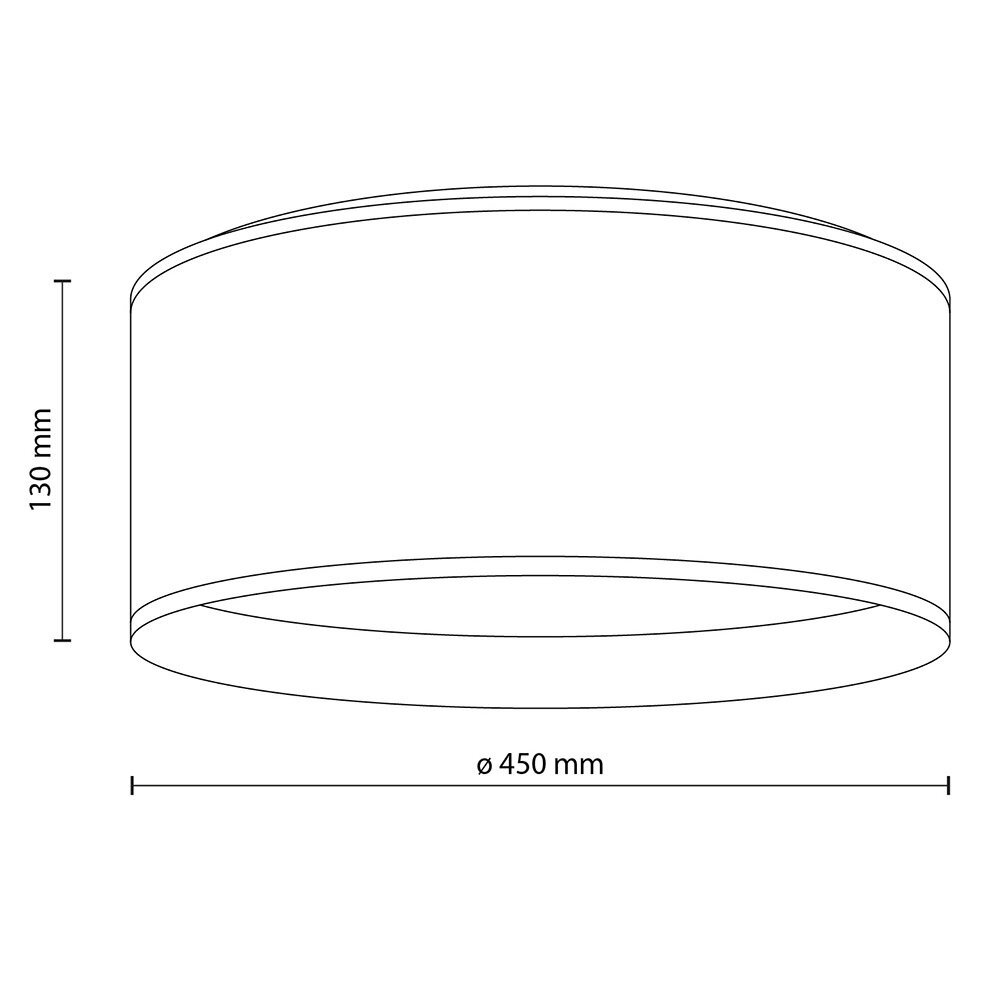 Schematyczny rysunek lampy sufitowej w kształcie walca z wymiarami: wysokość 130 mm i średnica 450 mm.