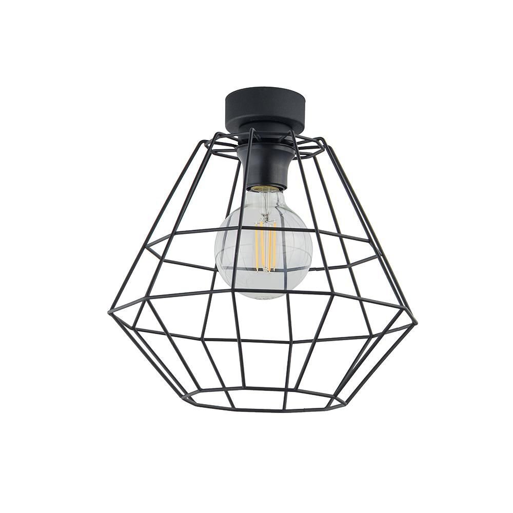 Czarna lampa sufitowa o industrialnym designie z metalowym kloszem w kształcie diamentu. Wewnątrz znajduje się żarówka typu E27.