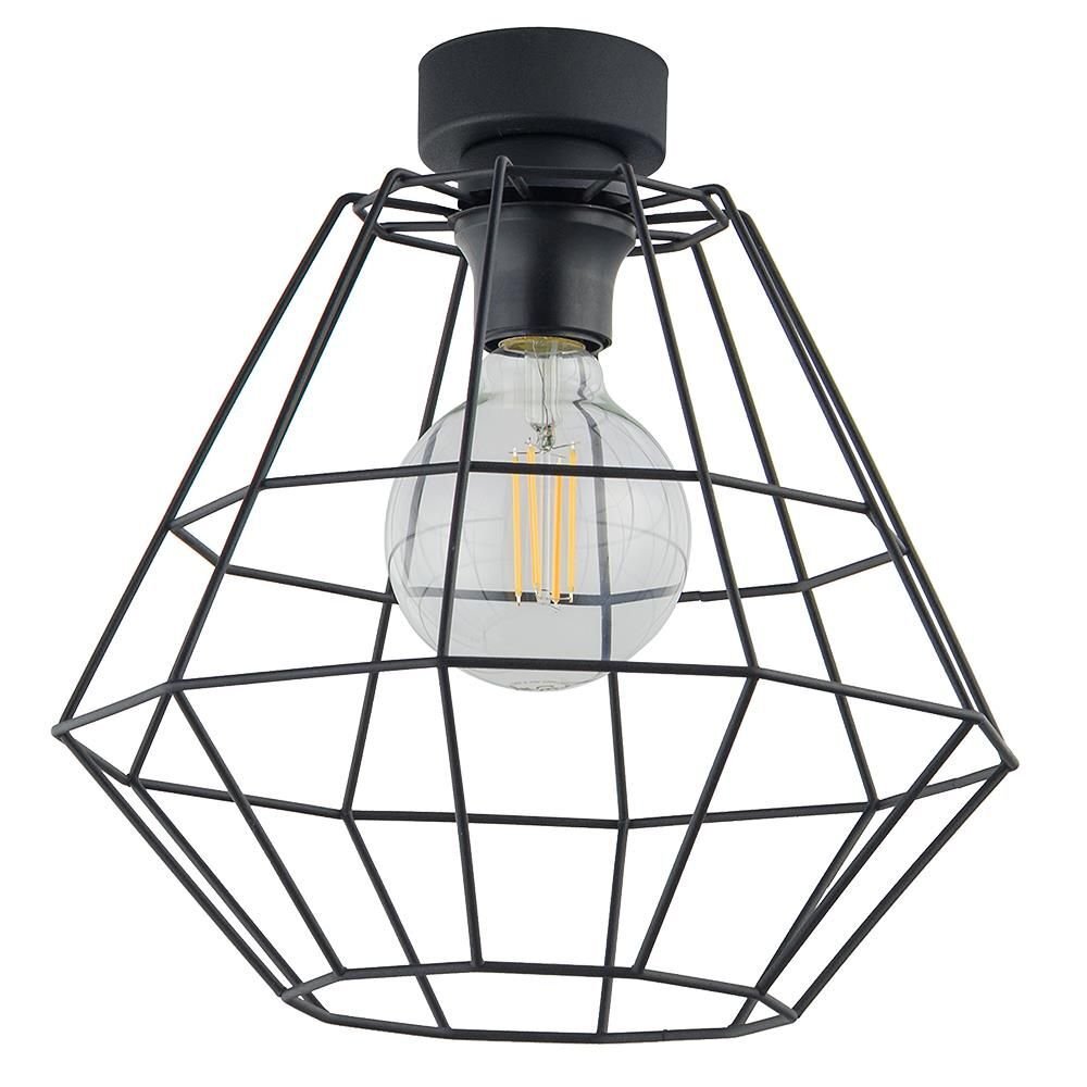 Czarna, industrialna lampa sufitowa z metalowym kloszem w kształcie diamentu, zawierająca jedną żarówkę E27. Konstrukcja klosza składa się z cienkich metalowych prętów.