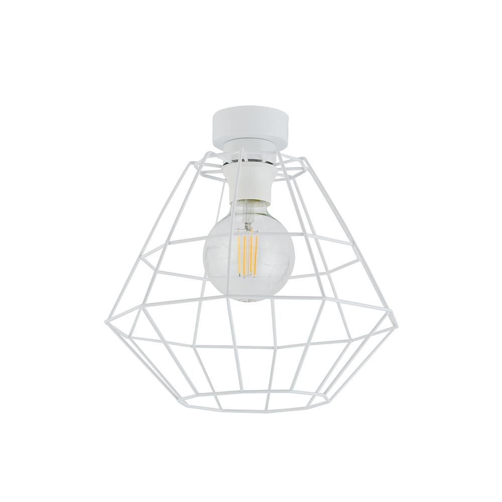 Biała lampa sufitowa o industrialnym designie z metalowym kloszem w kształcie diamentu. Wewnątrz znajduje się żarówka LED typu E27.