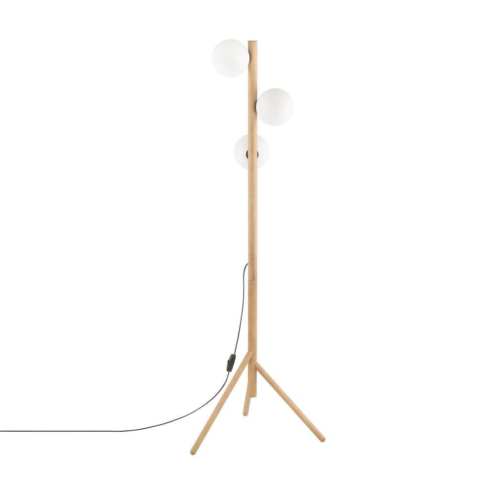 Lampa podłogowa wykonana z drewna sosnowego z trzema białymi kloszami w kształcie kul. Posiada czarny przewód z włącznikiem.