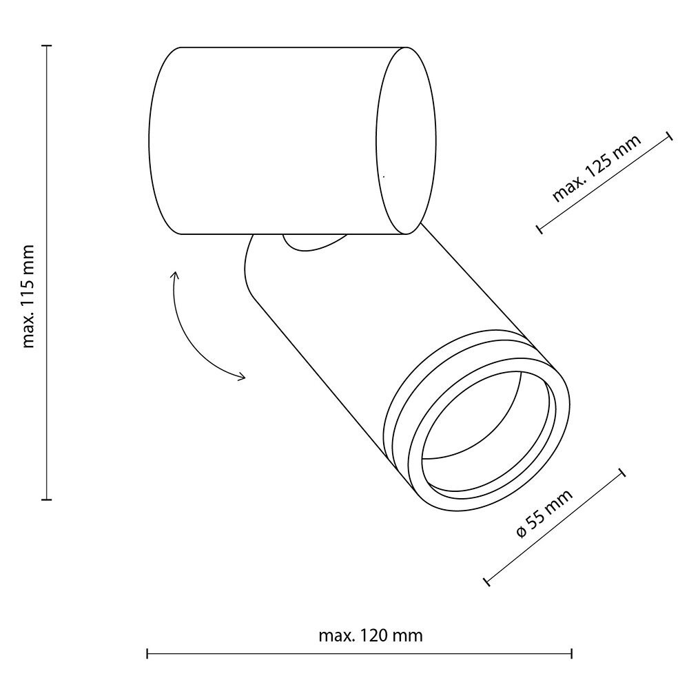 Schematyczny rysunek reflektora sufitowego z wymiarami: maksymalna wysokość 115 mm, maksymalna długość 125 mm, średnica 55 mm, maksymalna szerokość 120 mm. Strzałki wskazują możliwość regulacji kierunku światła.