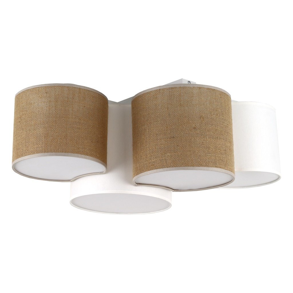 Lampa sufitowa z czterema cylindrycznymi kloszami, dwa w kolorze białym i dwa w kolorze brązowym z jutą. Klosze są ułożone naprzemiennie, tworząc nowoczesny design.