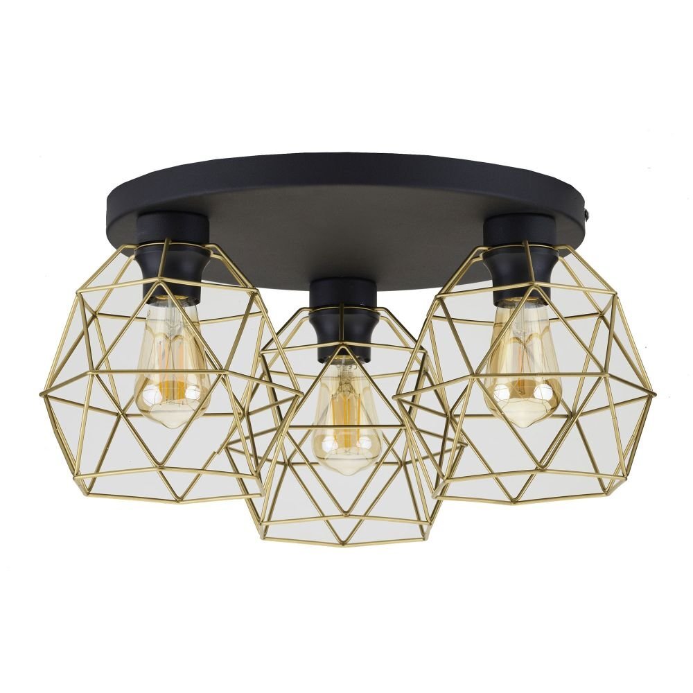 Lampa sufitowa z trzema żarówkami w metalowych, geometrycznych kloszach w kolorze czarno-złotym. Klosze są przymocowane do okrągłej, czarnej podstawy.