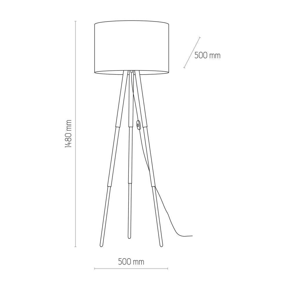 Schematyczny rysunek lampy podłogowej z trzema nogami i cylindrycznym abażurem. Wymiary: wysokość 1480 mm, średnica abażura 500 mm.
