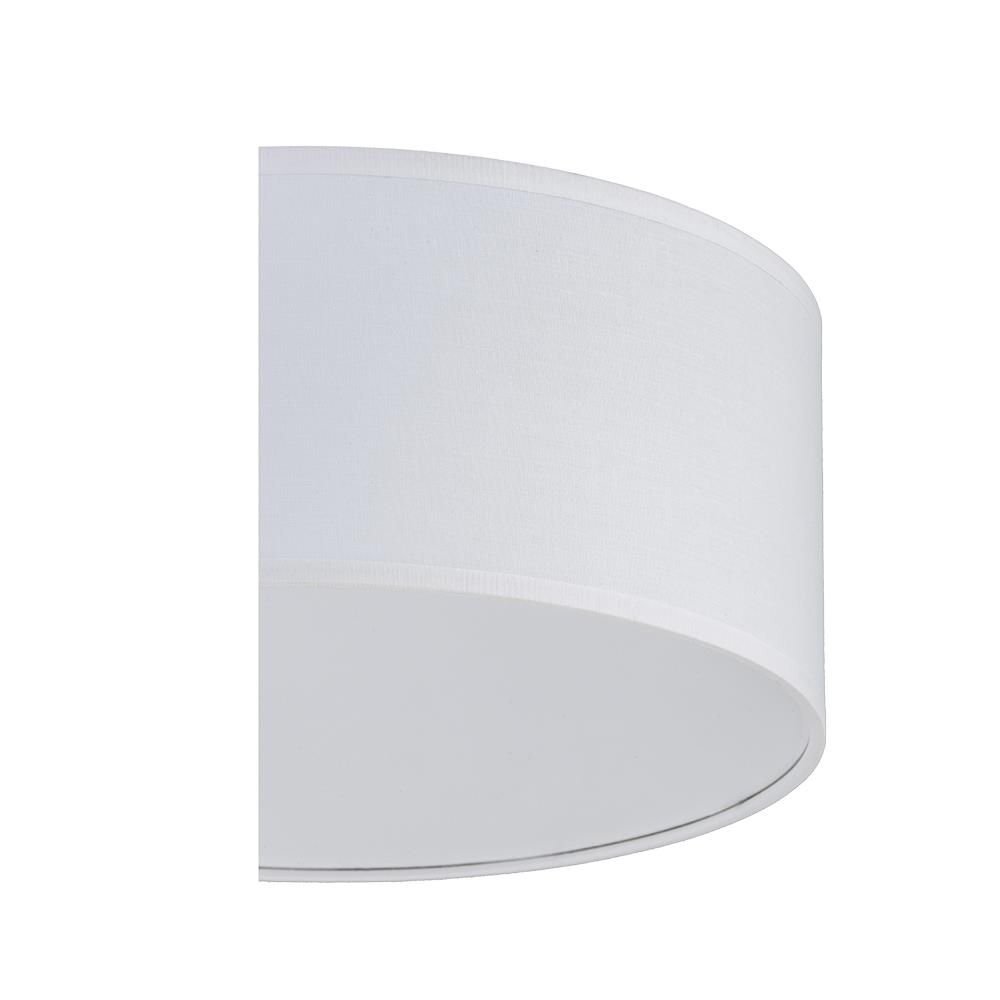 Biały plafon sufitowy o cylindrycznym kształcie, wykonany z materiału. Lampa ma prosty i elegancki design.