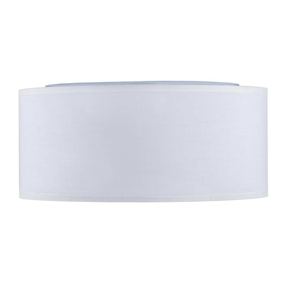 Biały plafon sufitowy o cylindrycznym kształcie, wykonany z materiału. Lampa ma prosty i elegancki design.