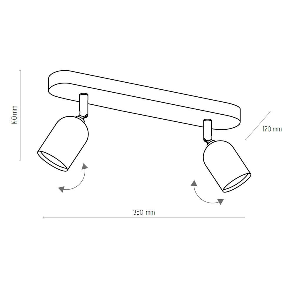 Schemat lampy sufitowej z dwoma regulowanymi reflektorami. Wymiary: 140 mm wysokości, 350 mm długości, 170 mm szerokości.