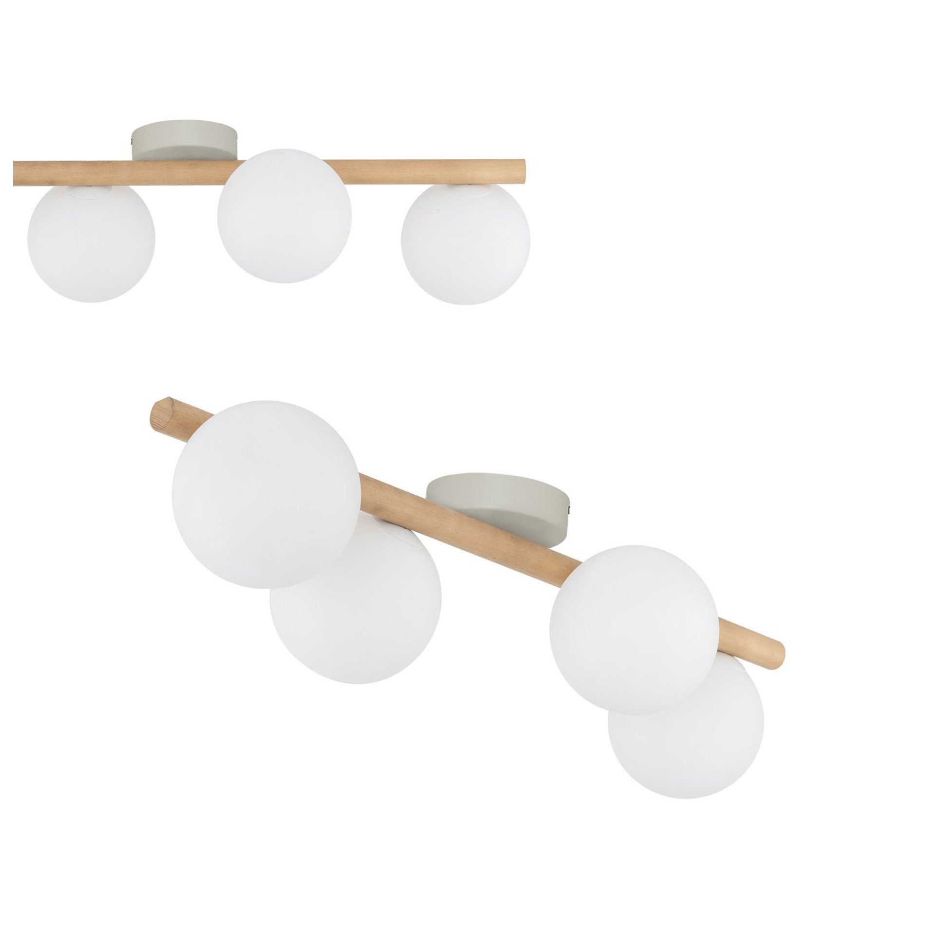 Na obrazie widoczna jest nowoczesna lampa sufitowa z czterema białymi, kulistymi kloszami zamocowanymi na drewnianej belce. Lampa ma prosty, minimalistyczny design.