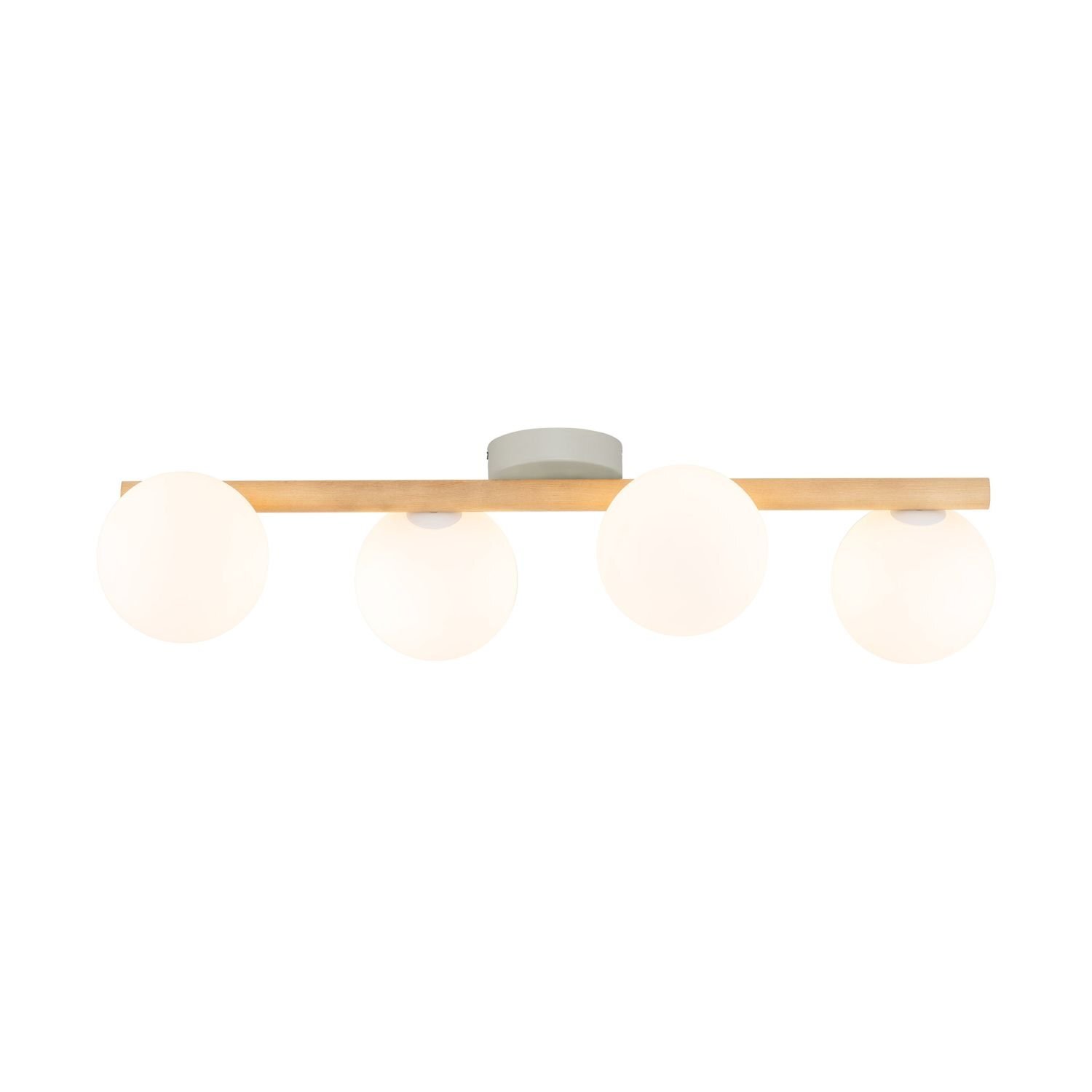 Lampa sufitowa z czterema kulistymi kloszami w kolorze białym, zamontowana na drewnianej belce. Konstrukcja jest nowoczesna i minimalistyczna.