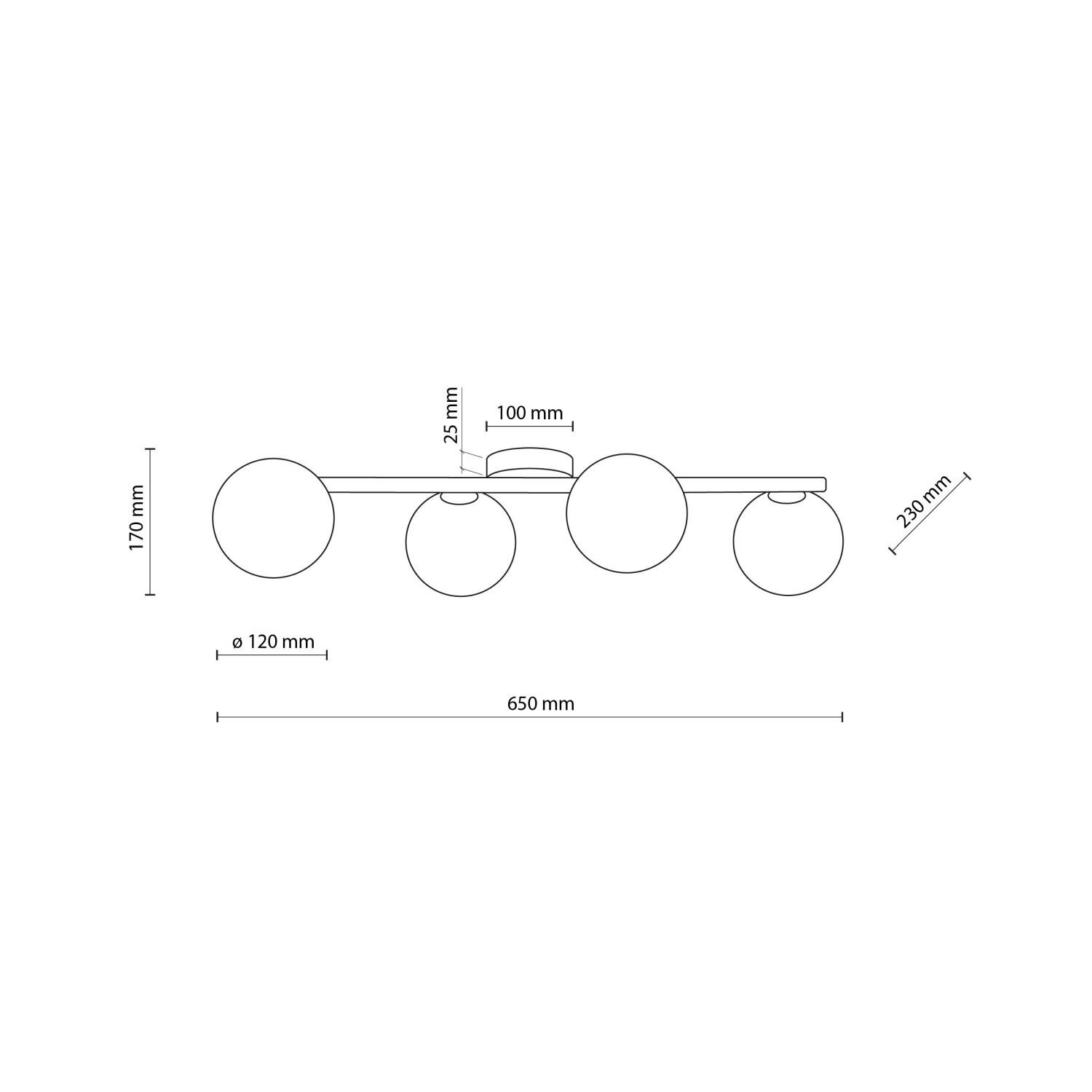 Schemat lampy sufitowej z czterema kulistymi kloszami, z wymiarami: wysokość 170 mm, średnica klosza 120 mm, długość całkowita 650 mm, odległość od sufitu 230 mm, szerokość podstawy 100 mm i wysokość podstawy 25 mm.